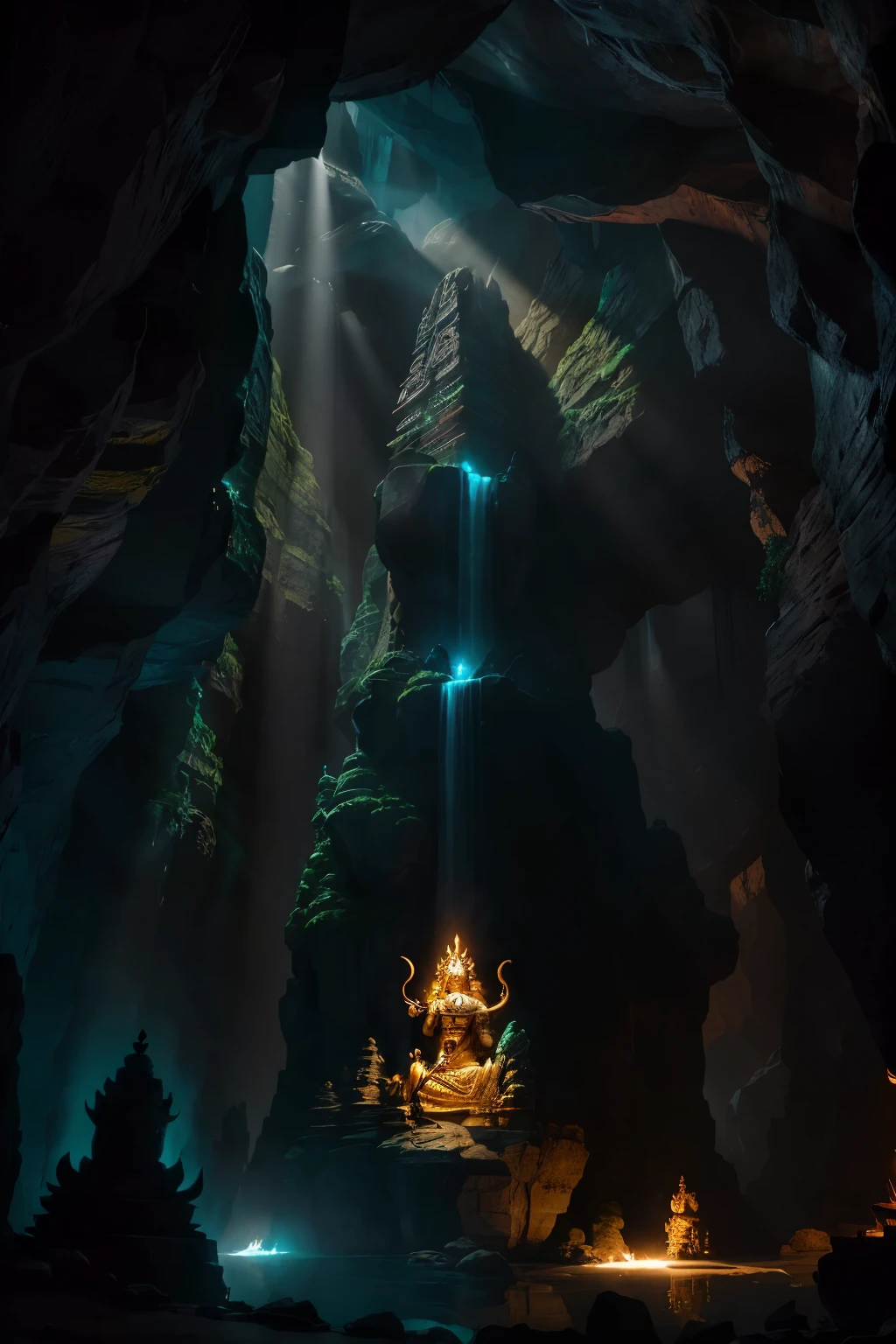 In the heart of a secluded and enigmatic cave, the enigmatic Lord Shiva is depicted in dark colors, clad in the regalia of a fearsome warrior. He stands proudly with his mighty trishul, an iconic triple-headed spear, raised high in his right hand. The trident gleams ominously, reflecting the ethereal sunlight that streams in through a small opening atop the cave, casting an otherworldly glow on the scene.
The cave's walls are adorned with ancient statues and intricately carved gods and goddesses, their sacred features glowing subtly in the filtered light. Nestled amidst the cave