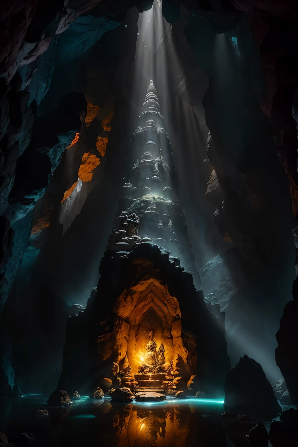 In the heart of a secluded and enigmatic cave, the enigmatic Lord Shiva is depicted in dark colors, clad in the regalia of a fearsome warrior. He stands proudly with his mighty trishul, an iconic triple-headed spear, raised high in his right hand. The trident gleams ominously, reflecting the ethereal sunlight that streams in through a small opening atop the cave, casting an otherworldly glow on the scene.
The cave's walls are adorned with ancient statues and intricately carved gods and goddesses, their sacred features glowing subtly in the filtered light. Nestled amidst the cave