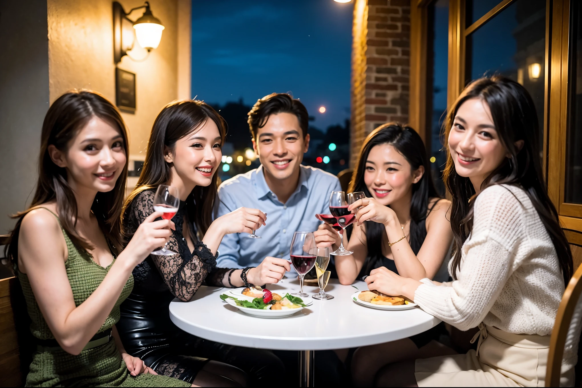 64k, UHD, highest quality, masterpiece: 1.2), (realistic, photorealistic: 1.37), Super detailed, celebration party、beauty、charming、beautiful mature woman、3 women who love wine、three men、champagne、Sparkling wine、winter night、restaurantでワイン宴会、(slimな男女4名),(Wine party for 5 people)、(slimフェイス),Happy、 最高なsmile、Fox Face、Raccoon face、Berry Short、(because I'thin), (brown hair), (shortcut), long sleeve shirt、winter fashion、Colombia、Brazilian、Japanese、Dutch、German、Portuguese、Belgian、Italian、french, (gushing), (slimボティ), (brown hair), (shortcut), 端正なbeauty、cheeks blush a little, (41 years old), 38 years old, 35 years old、32 years old、 A beautiful and detailed night view spreads out outside the window......, restaurant, wine glassが座っている, At night, in a prominent place (from the Upper body) nova frog style, actress, model, Upper body, White wine, slim, wine glass, Very beautiful night view, wine glass Put in the Middle, Happy smile, (smile: 1.15),