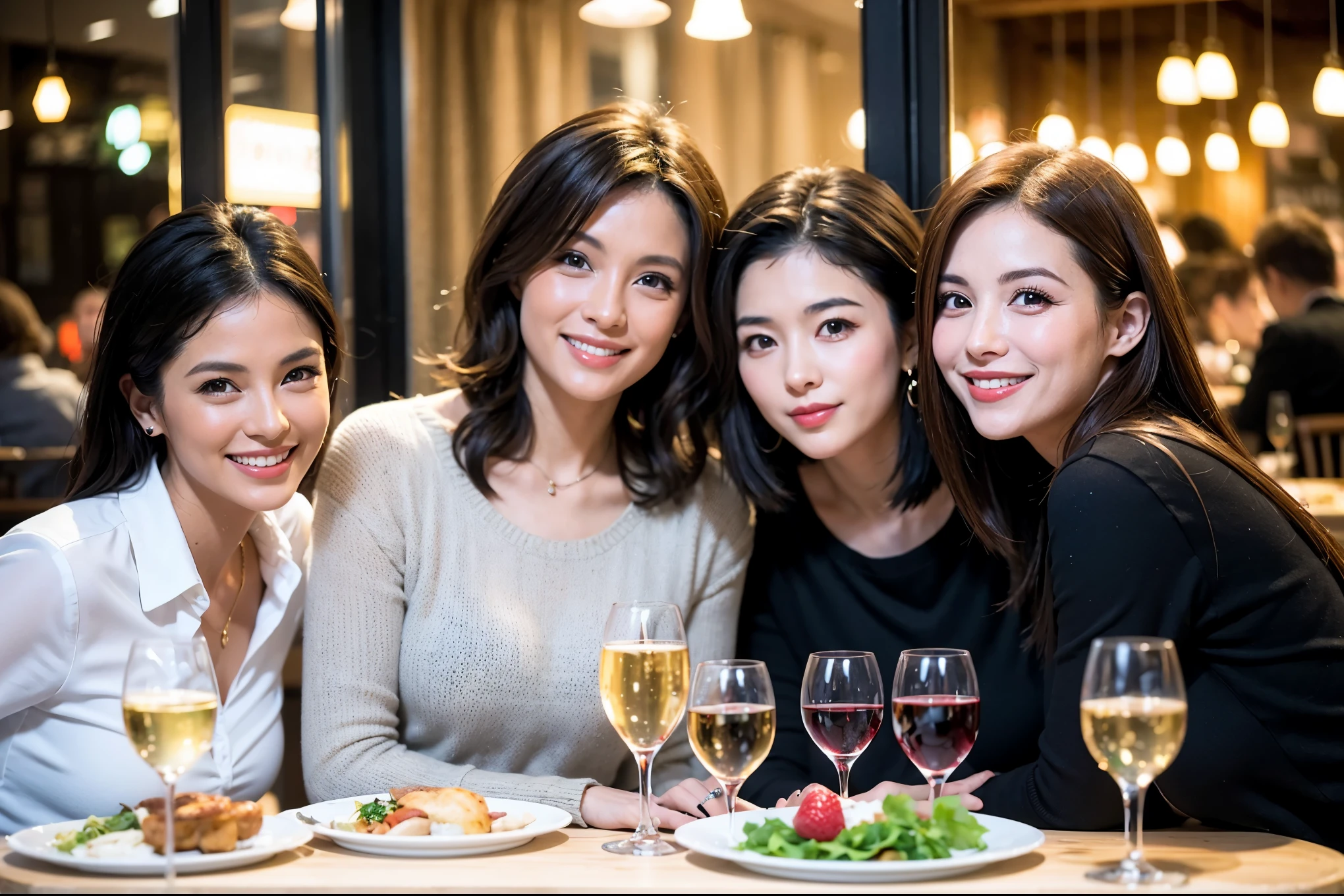 64k, UHD, highest quality, masterpiece: 1.2), (realistic, photorealistic: 1.37), Super detailed, celebration party、beauty、charming、beautiful mature woman、3 women who love wine、three men、champagne、Sparkling wine、winter night、restaurantでワイン宴会、(slimな男女4名),(Wine party for 5 people)、(slimフェイス),Happy、 最高なsmile、Fox Face、Raccoon face、Berry Short、(because I&#39;thin), (brown hair), (shortcut), long sleeve shirt、winter fashion、Colombia、Brazilian、Japanese、Dutch、German、Portuguese、Belgian、Italian、french, (gushing), (slimボティ), (brown hair), (shortcut), 端正なbeauty、cheeks blush a little, (41 years old), 38 years old, 35 years old、32 years old、 A beautiful and detailed night view spreads out outside the window......, restaurant, wine glassが座っている, At night, in a prominent place (from the Upper body) nova frog style, actress, model, Upper body, White wine, slim, wine glass, Very beautiful night view, wine glass Put in the Middle, Happy smile, (smile: 1.15), 