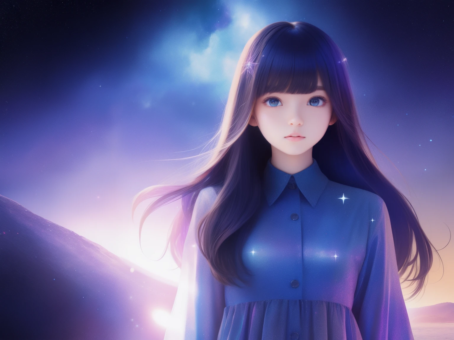 The girl's hair is turning into a starry sky,The girls' clothes blend into the galaxy.