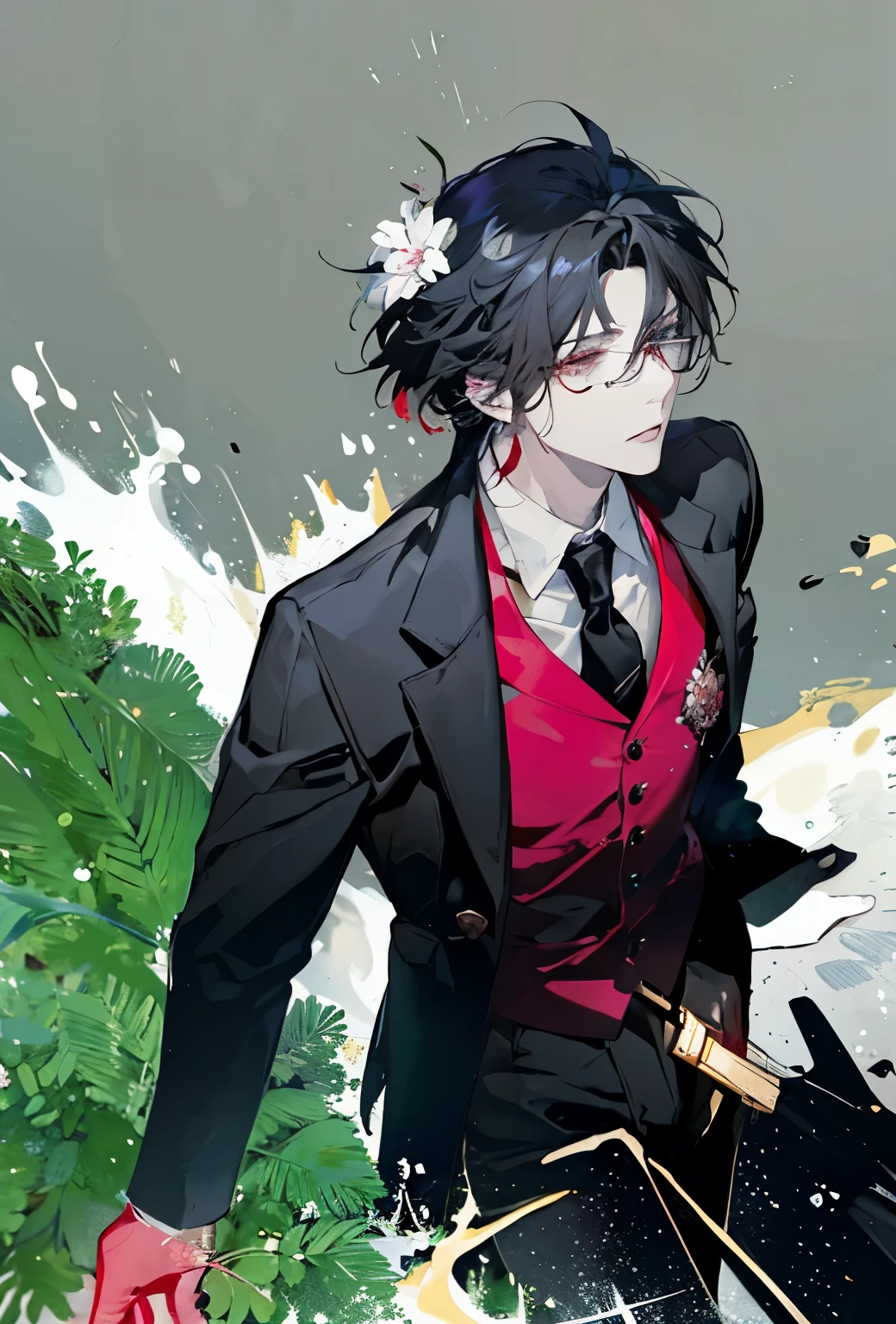 black suit、black jacket、white shirt、black tie、red vest、Red leather gloves、Red earrings、short black hair、tan eyes、magic effect、detailed、One white flower on the back of the head、Man with glasses、Man in his 30s、fair skin、