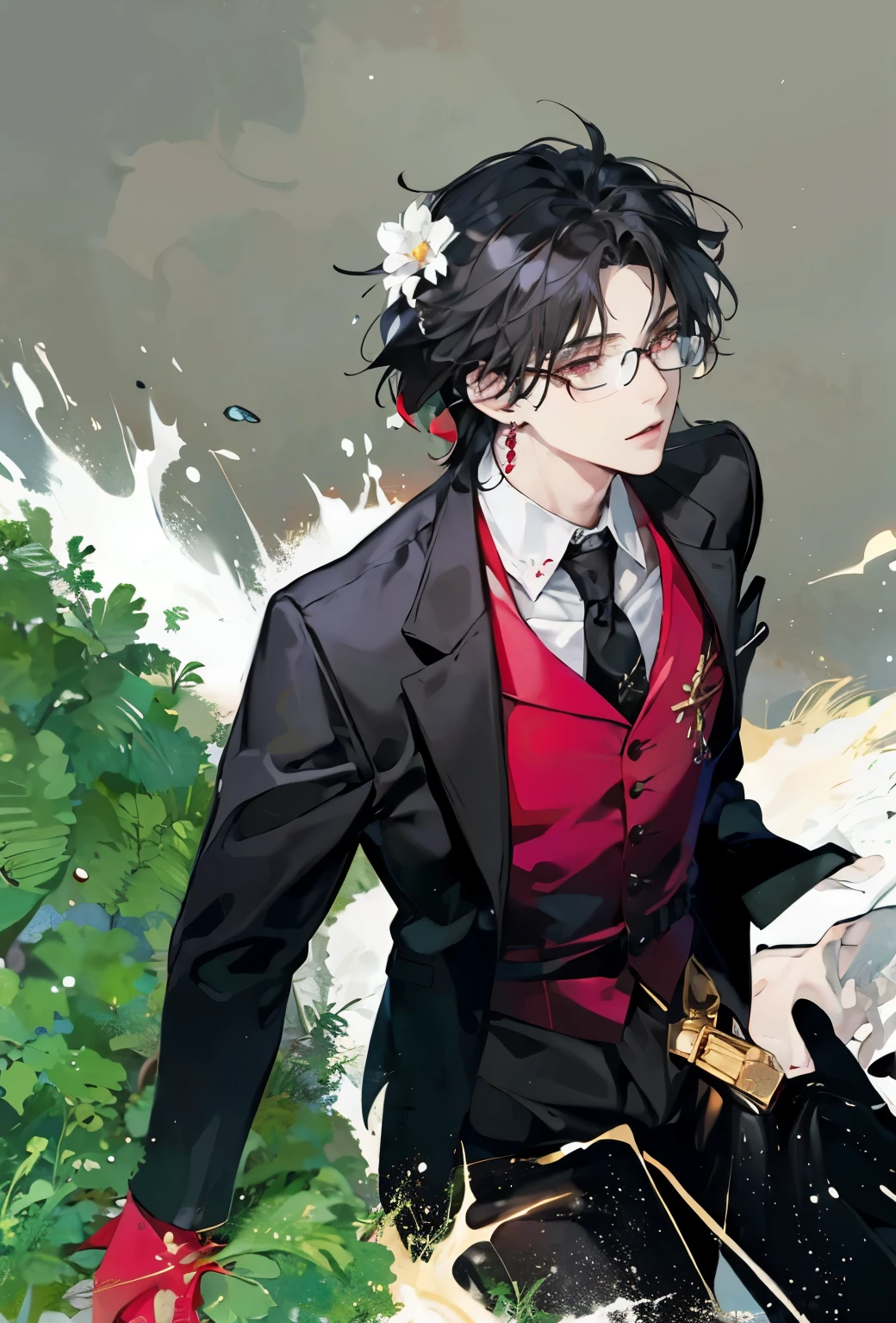 black suit、black jacket、white shirt、black tie、red vest、Red leather gloves、Red earrings、short black hair、tan eyes、magic effect、detailed、One white flower on the back of the head、Man with glasses、Man in his 30s、fair skin、