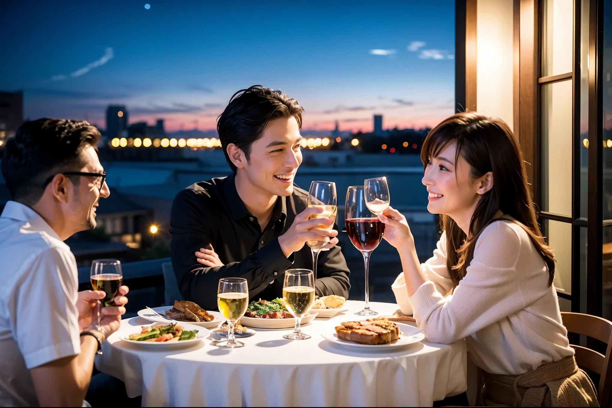 64k, UHD, highest quality, masterpiece: 1.2), (realistic, photorealistic: 1.37), Super detailed, celebration party、beauty、charming、beautiful mature woman、3 women who love wine、three men、champagne、Sparkling wine、winter night、restaurantでワイン宴会、(slimな男女4名),(Wine party for 5 people)、(slimフェイス),Happy、 最高なsmile、Fox Face、Raccoon face、Berry Short、(because I'thin), (brown hair), (shortcut), long sleeve shirt、winter fashion、Colombia、Brazilian、Japanese、Dutch、German、Portuguese、Belgian、Italian、french, (gushing), (slimボティ), (brown hair), (shortcut), 端正なbeauty、cheeks blush a little, (41 years old), 38 years old, 35 years old、32 years old、 43 years old、A beautiful and detailed night view spreads out outside the window....., restaurant, wine glassが座っている, At night, in a prominent place (from the Upper body) nova frog style, actress, model, Upper body, White wine, slim, wine glass, Very beautiful night view, wine glass Put in the Middle, Happy smile, (smile: 1.15),
