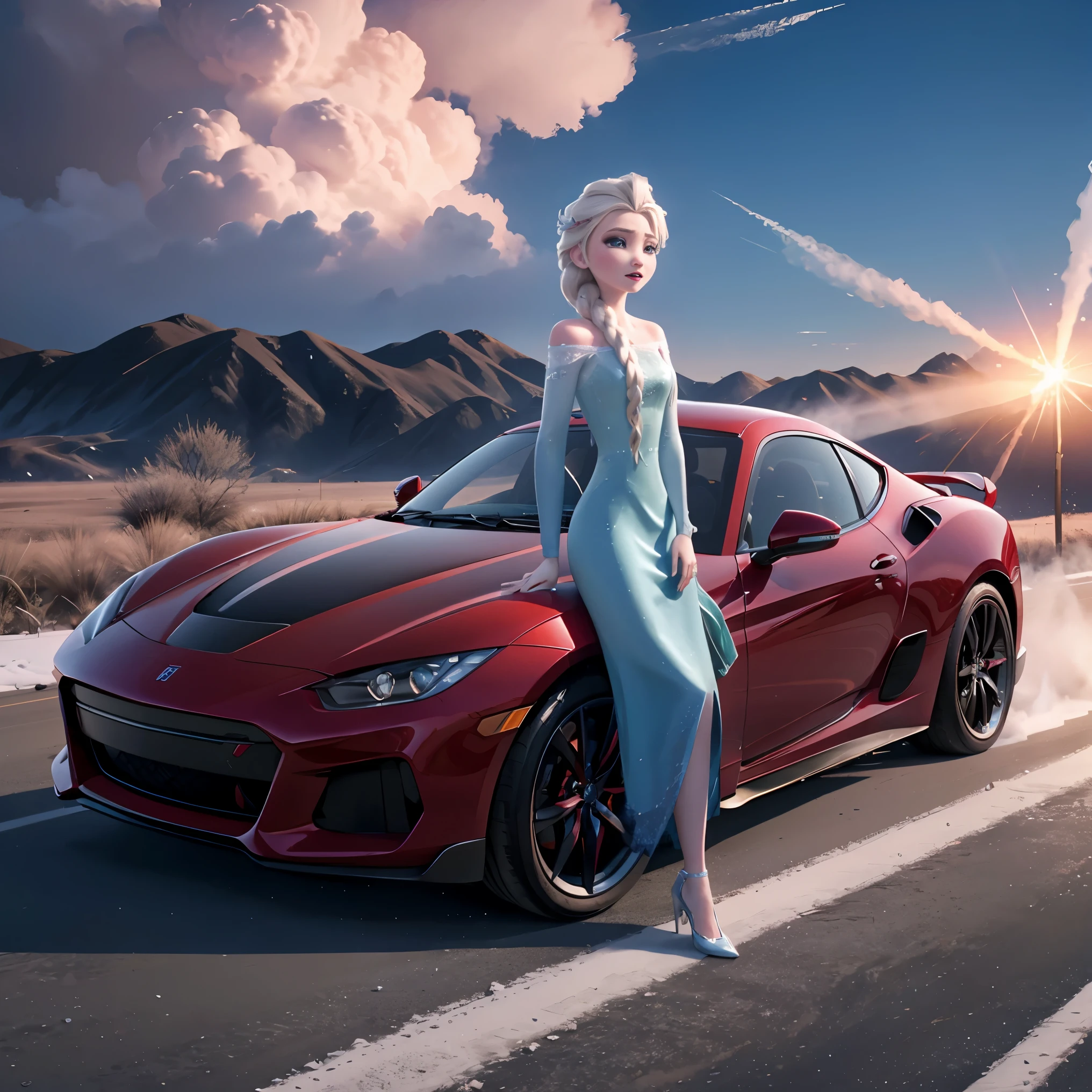 Elsa、beautiful, Elsa, frozen cityscape, high quality、Highway、(ride a red sports car)run at high speed、Explode while cutting the wind