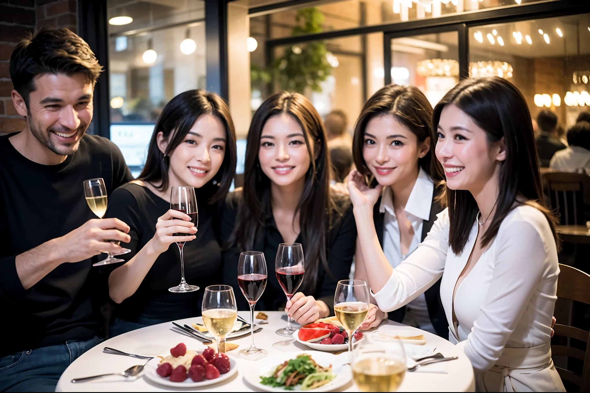 64k, UHD, highest quality, masterpiece: 1.2), (realistic, photorealistic: 1.37), Super detailed, celebration party、beauty、charming、beautiful mature woman、3 women who love wine、three men、champagne、Sparkling wine、winter night、restaurantでワイン宴会、(slimな男女4名),(Wine party for 5 people)、(slimフェイス),Happy、 最高なsmile、Fox Face、Raccoon face、Berry Short、(because I'thin), (brown hair), (shortcut), long sleeve shirt、winter fashion、Colombia、Brazilian、Japanese、Dutch、German、Portuguese、Belgian、Italian、french, (gushing), (slimボティ), (brown hair), (shortcut), 端正なbeauty、cheeks blush a little, (41 years old), 38 years old, 35 years old、32 years old、 43 years old、A beautiful and detailed night view spreads out outside the window....., restaurant, wine glassが座っている, At night, in a prominent place (from the Upper body) nova frog style, actress, model, Upper body, White wine, slim, wine glass, Very beautiful night view, wine glass Put in the Middle, Happy smile, (smile: 1.15),
