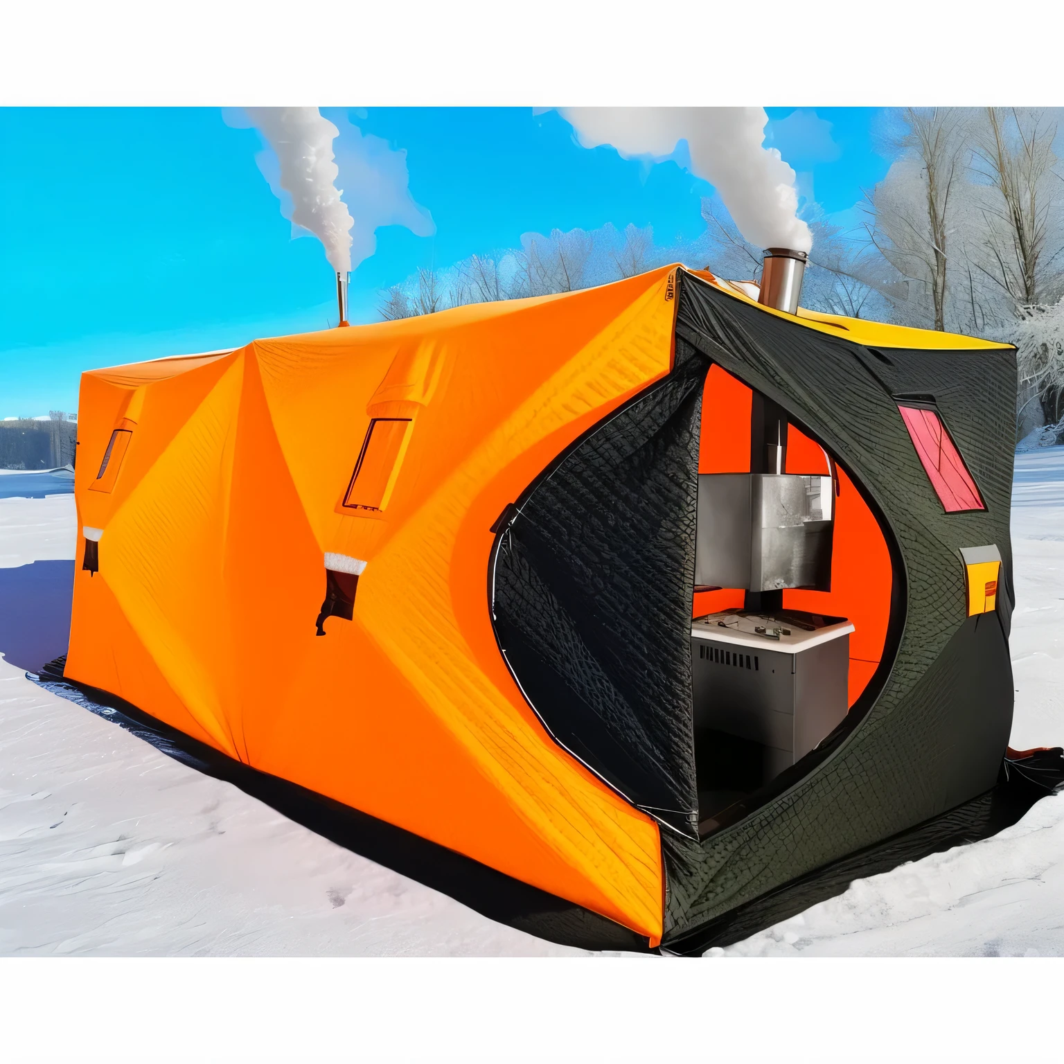 there is a small orange tienda with a stove inside of it, Refugio temporal de emergencia, (nieve), tienda, 1 6 x 1 6, Mina de hielo futurista industrial, 🕹️ 😎 🔫 🤖 🚬, acampar, !!hermoso!!, muy sabroso, Suyos, warm, bright orange acampar fire, Siberia!!, freezing, Extemely detallado