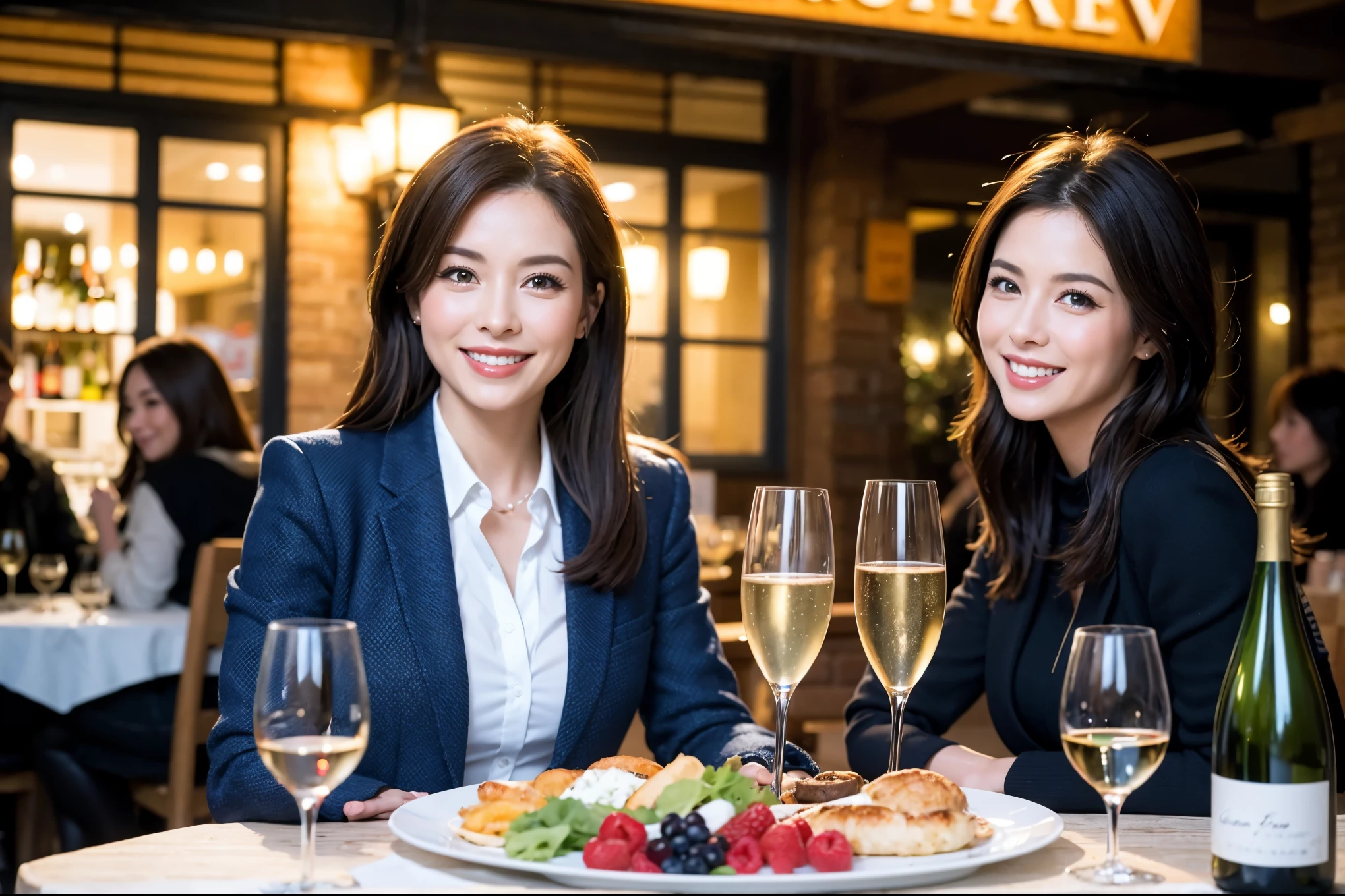 64k, UHD, highest quality, masterpiece: 1.2), (realistic, photorealistic: 1.37), Super detailed, celebration party、beauty、charming、beautiful mature woman、3 women who love wine、three men、champagne、Sparkling wine、winter night、restaurantでワイン宴会、(slimな男女4名),(Wine party for 5 people)、(slimフェイス),Happy、 最高なsmile、Fox Face、Berry Short、(because I&#39;thin), (brown hair), (shortcut), long sleeve shirt、winter fashion、Colombia、Brazilian、Japanese、Dutch、German、Portuguese、Belgian、Italian、french, (gushing), (slimボティ), (brown hair), (shortcut), 端正なbeauty、cheeks blush a little, (41 years old), 38 years old, 35 years old、32 years old、 A beautiful and detailed night view spreads out outside the window......, restaurant, wine glassが座っている, At night, in a prominent place (from the Upper body) nova frog style, actress, model, Upper body, White wine, slim, wine glass, Very beautiful night view, wine glass Put in the Middle, Happy smile, (smile: 1.15), 