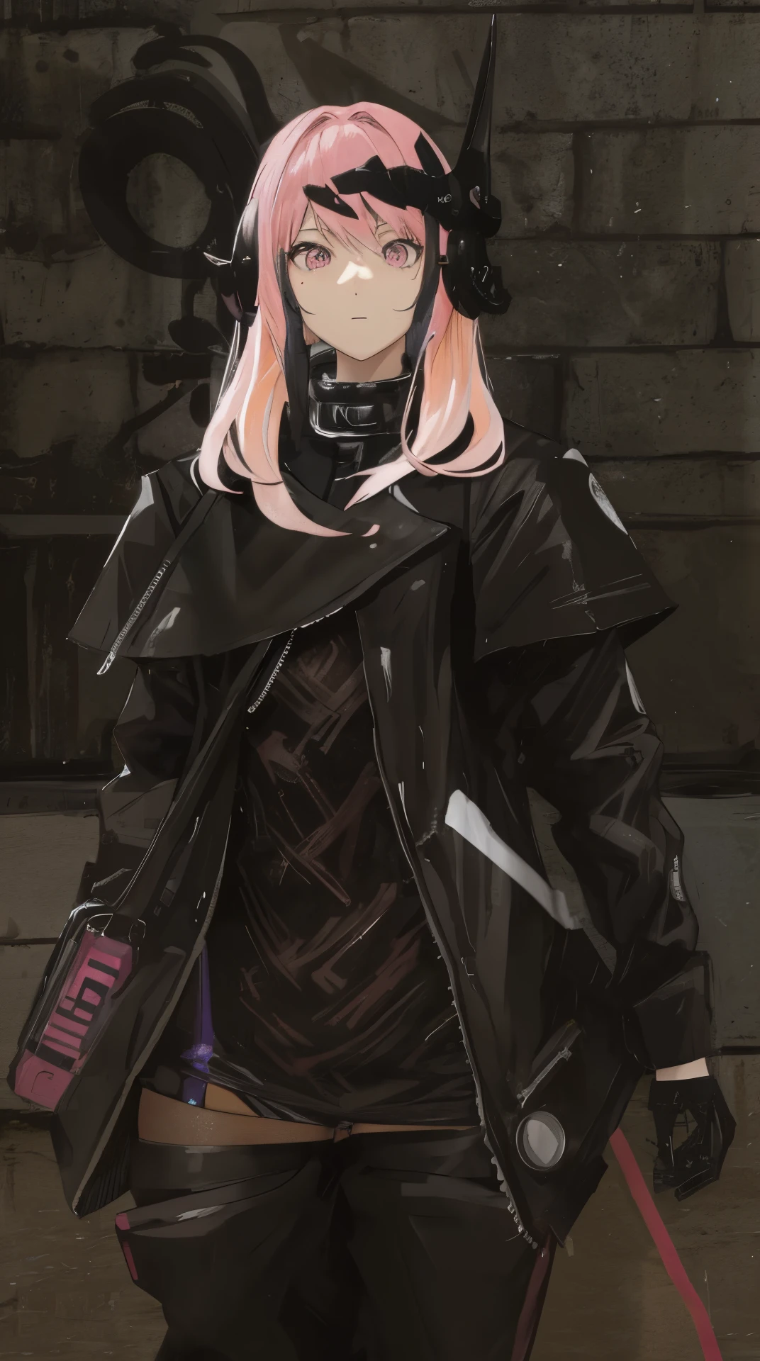 Anime girl, pink hair, black outfit, sexy
