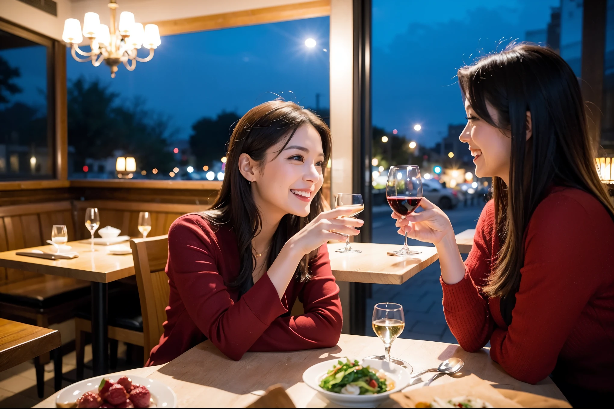64k, UHD, highest quality, masterpiece: 1.2), (realistic, photorealistic: 1.37), Super detailed, celebration party、beauty、charming、beautiful mature woman、3 women who love wine、three men、champagne、Sparkling wine、winter night、restaurantでワイン宴会、(slimな男女4名),(Wine party for 5 people)、(slimフェイス),Happy、 最高なsmile、Fox Face、Berry Short、(because I'thin), (brown hair), (shortcut), long sleeve shirt、winter fashion、Colombia、Brazilian、Japanese、Dutch、German、Portuguese、Belgian、Italian、french, (gushing), (slimボティ), (brown hair), (shortcut), 端正なbeauty、cheeks blush a little, (41 years old), 38 years old, 35 years old、32 years old、 A beautiful and detailed night view spreads out outside the window......, restaurant, wine glassが座っている, At night, in a prominent place (from the Upper body) nova frog style, actress, model, Upper body, White wine, slim, wine glass, Very beautiful night view, wine glass Put in the Middle, Happy smile, (smile: 1.15),
