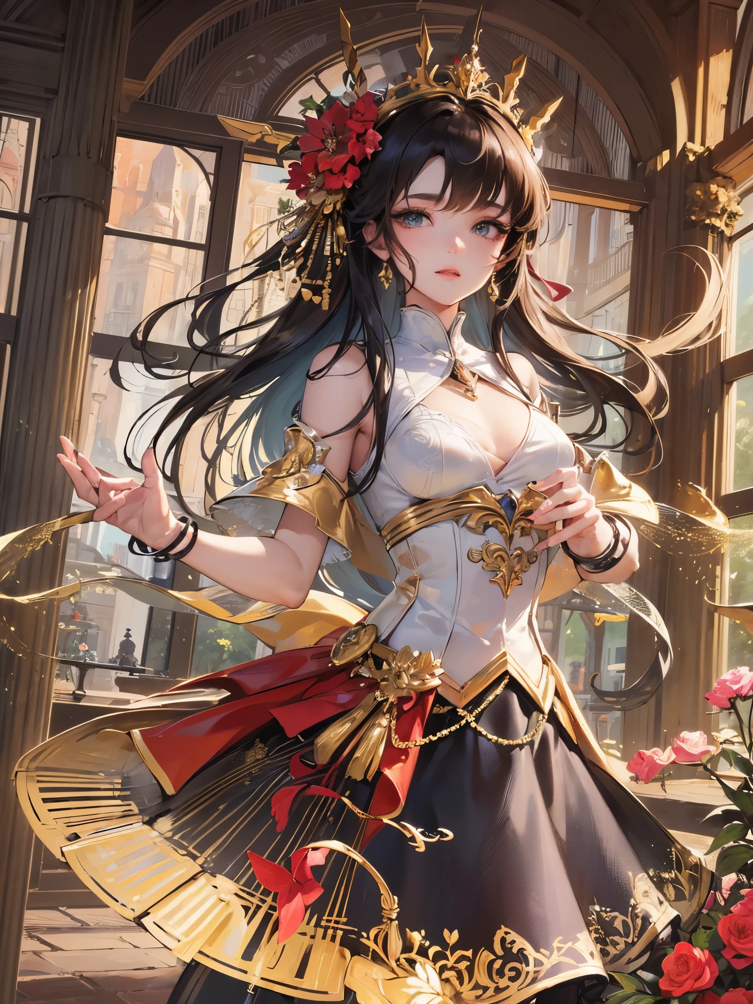 ((highest quality)),(ultra high resolution),(Super detailed),(detailed description),((best CG)),(best work of art),super precision art,great drawing art,(Fantasy art with precise details:1.5), (1 woman:1.6),(beautiful and well-shaped face:1.5),smile:1.7,(A dress with extremely detailed and detailed flowers.:1.6,Circular skirt:1.3),accessories:1.5, Warm sunshine,breeze,birdie,Small animals