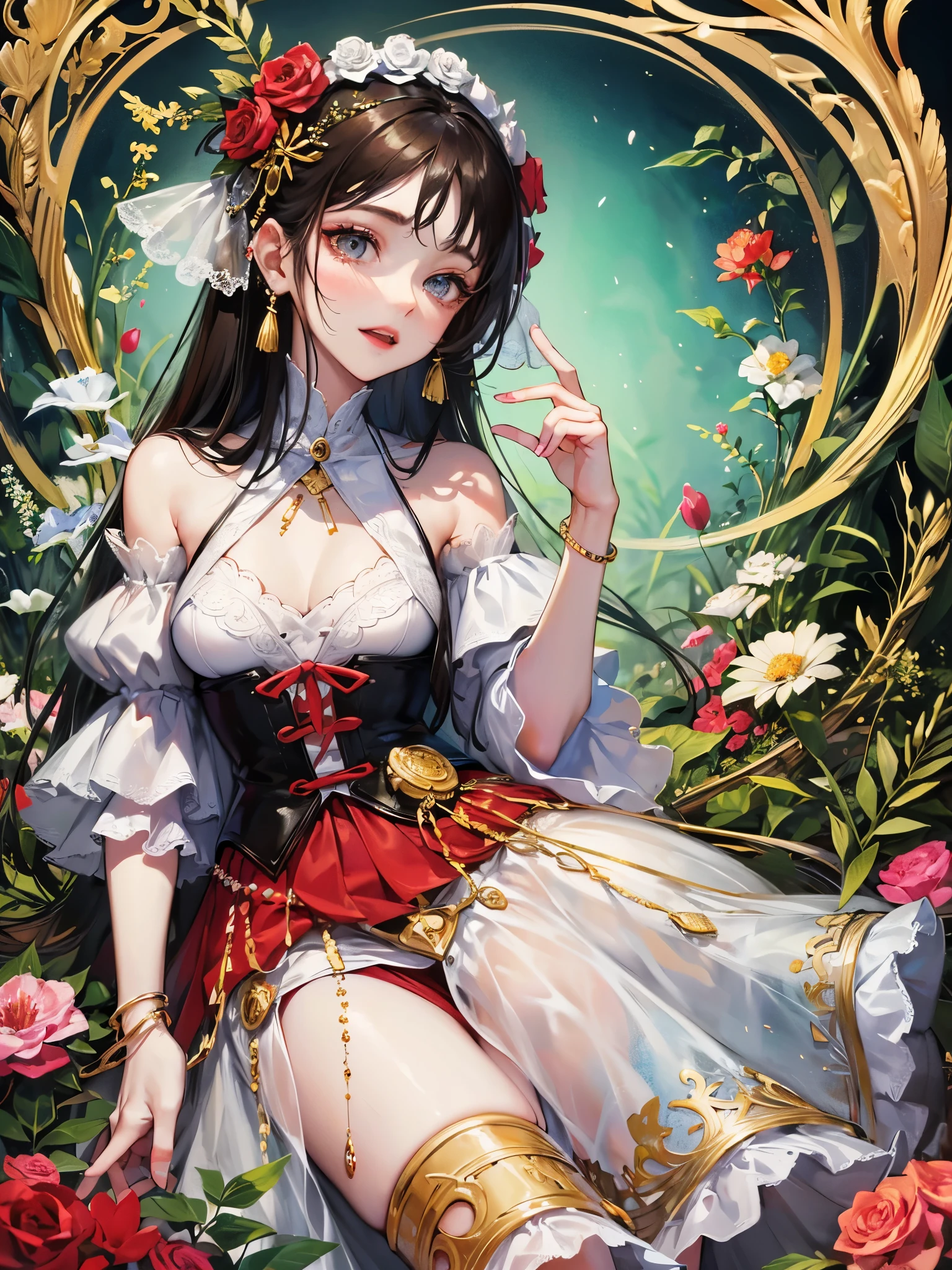 ((highest quality)),(ultra high resolution),(Super detailed),(detailed description),((best CG)),(best work of art),super precision art,great drawing art,(Fantasy art with precise details:1.5), (1 woman:1.6),(beautiful and well-shaped face:1.5),smile:1.7,(A dress with extremely detailed and detailed flowers.:1.6,Circular skirt:1.3),accessories:1.5, Warm sunshine,breeze,birdie,Small animals