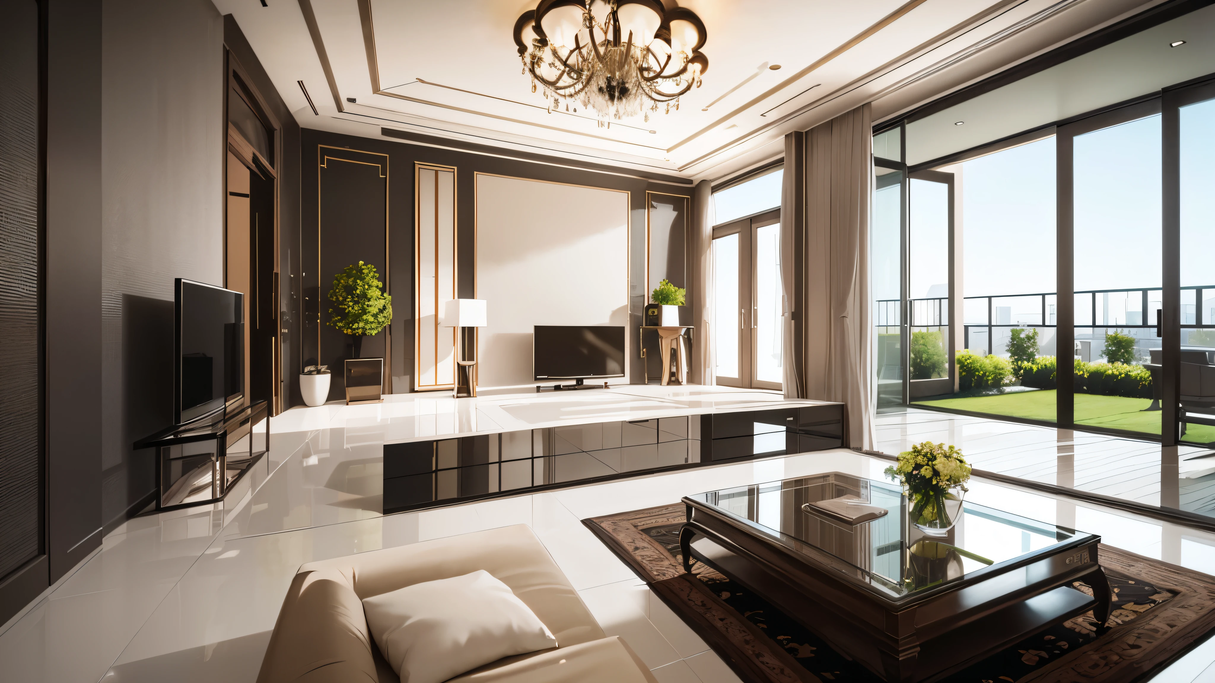 You are a famous interior designer、You have been asked to create a 3D image of a modern large room. Create a harmonious environment with modern and minimalist furniture. Including garden interior.