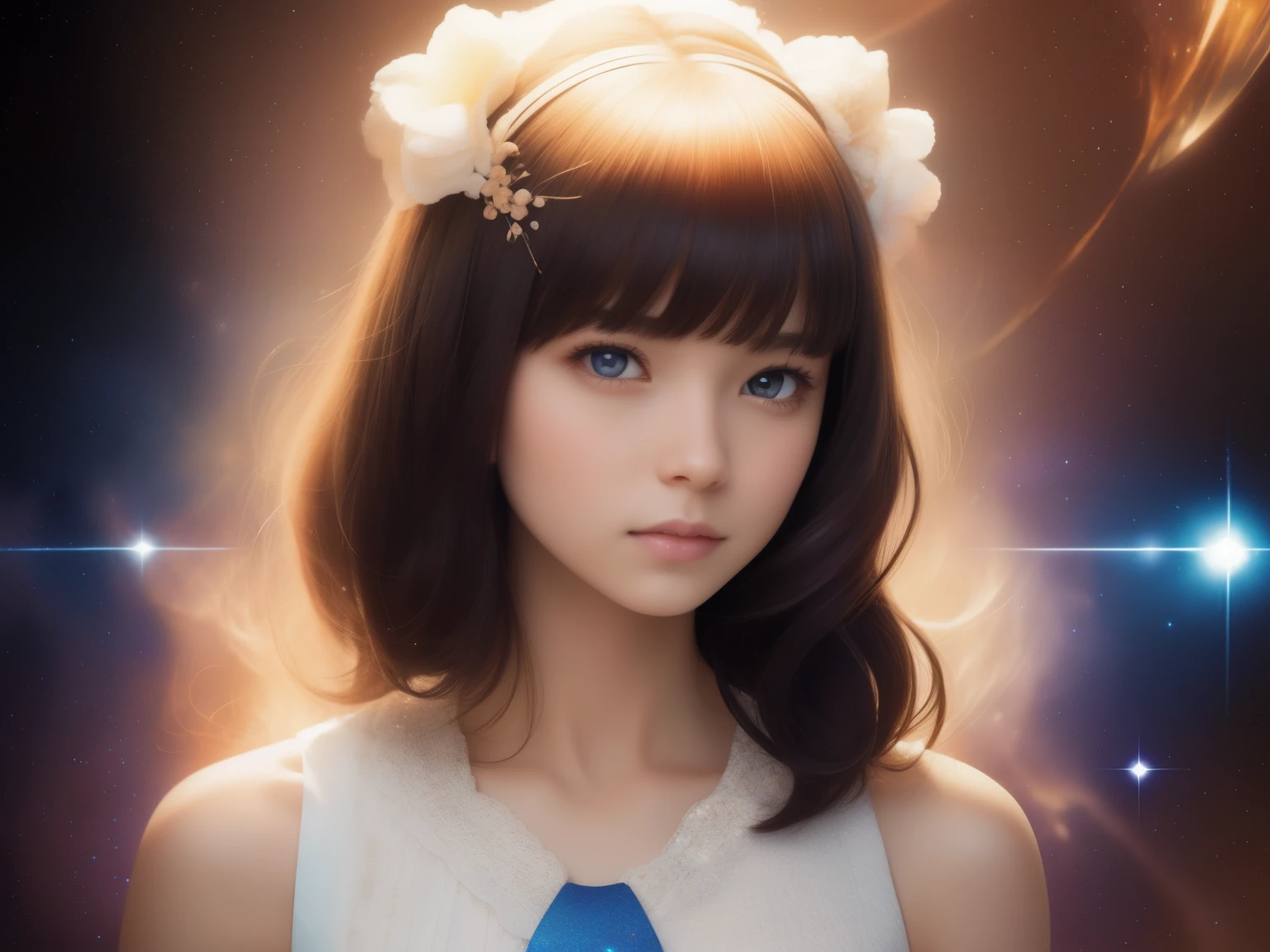 The girl's hair is turning into a starry sky,The girls' clothes blend into the galaxy.,profile