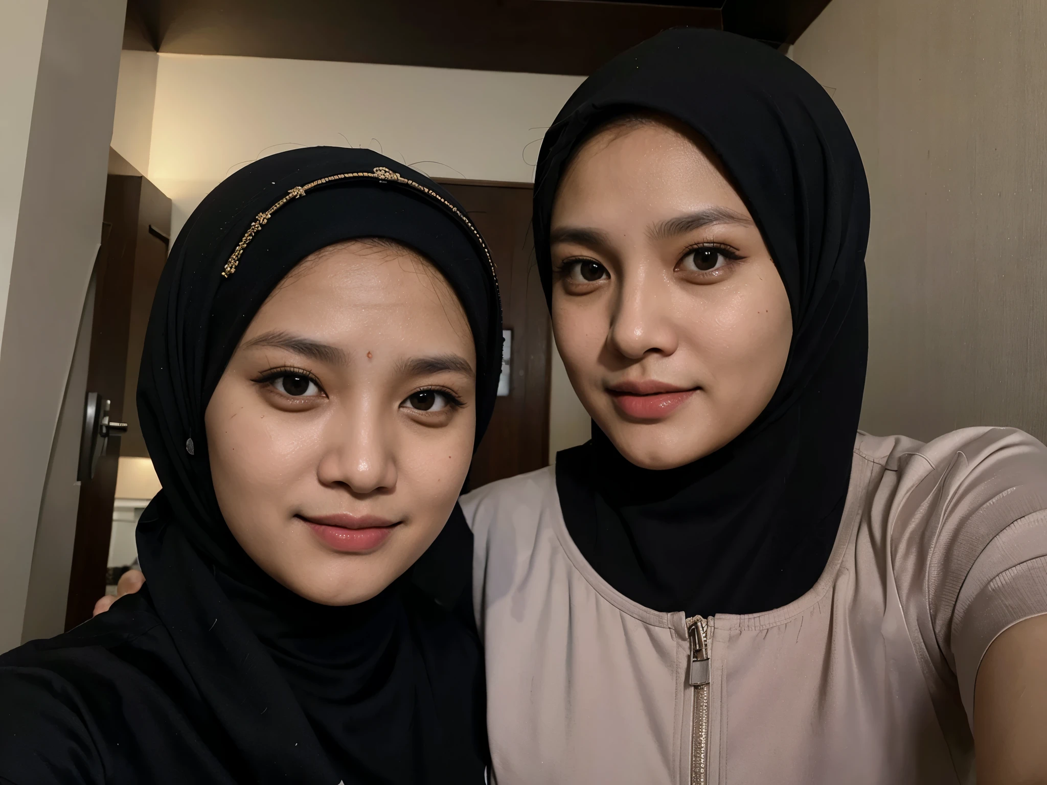 Prabowo Subianto selfie photo with a woman wearing a hijab, realistic, 16k