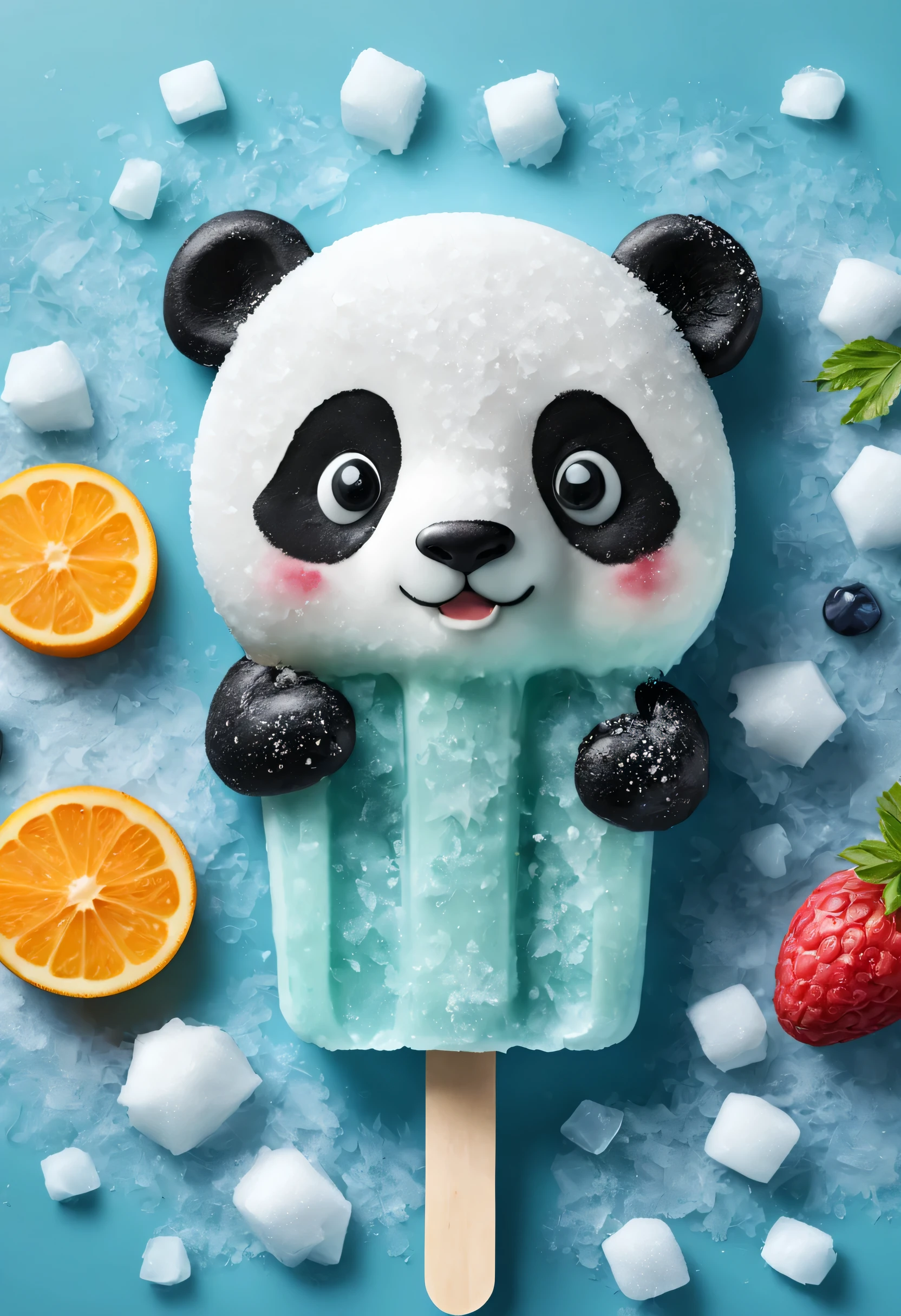 Cartoon Panda Fruit Popsicle，silicone model，frozen texture,snow,ice cold,cold,Crystal ice,summer,Delicious fruits,color layout,Crushed ice,Refreshing
