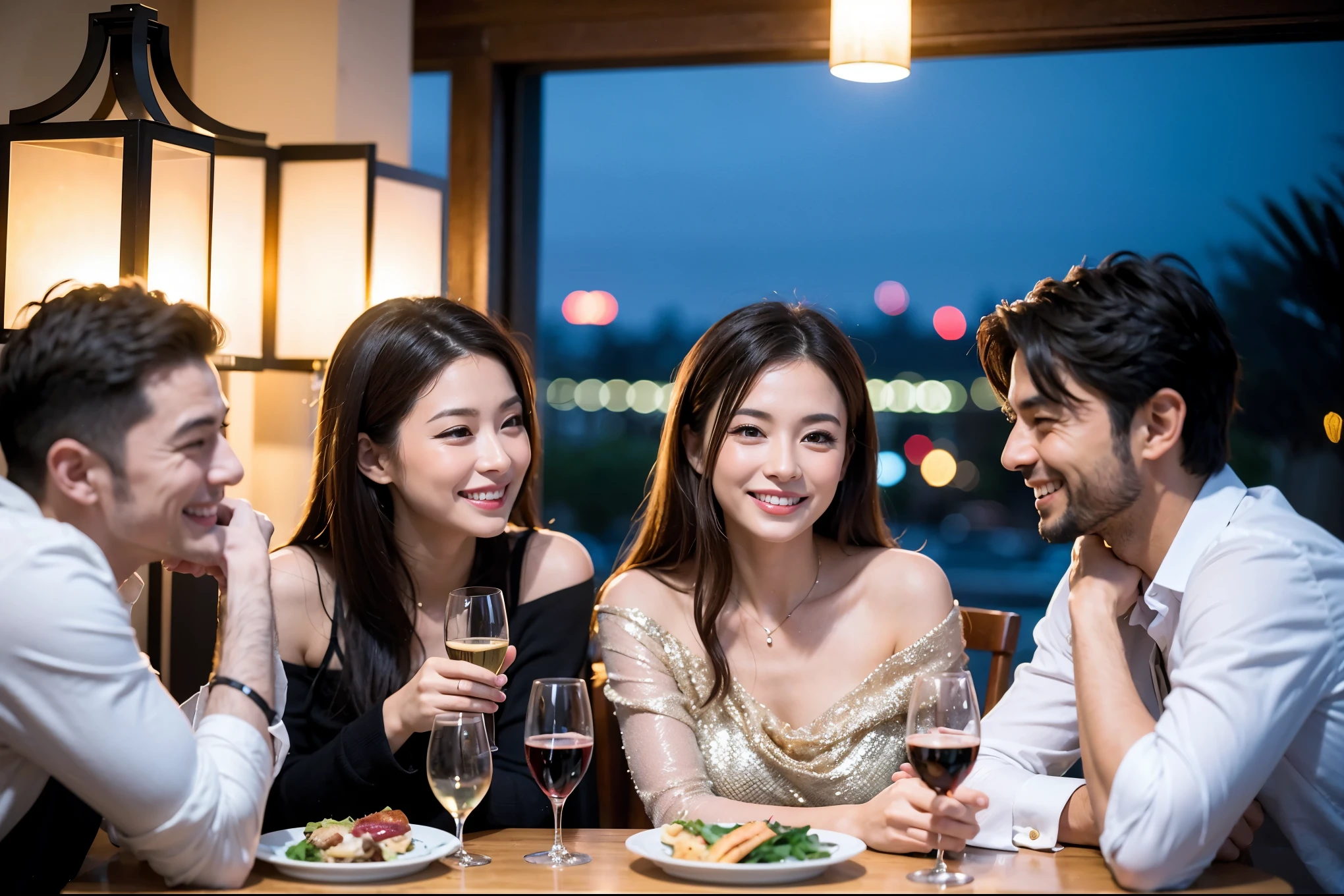 64k, UHD, highest quality, masterpiece: 1.2), (realistic, photorealistic: 1.37), Super detailed, celebration party、beauty、attractive、beautiful mature woman、3 women who love wine、three men、champagne、Sparkling wine、winter night、restaurantでワイン宴会、(slimな男女4名),(Wine party for 5 people)、(slimフェイス),Happy、 最高なsmile、Fox Face、Raccoon face、Berry Short、(because I'thin), (brown hair), (shortcut), long sleeve shirt、winter fashion、Colombia、Brazilian、Japanese、Dutch、German、Portuguese、Belgian、Italian、french, (gushing), (slimボティ), (brown hair), (shortcut), 端正なbeauty、cheeks blush a little, (41 years old), 38 years old, 35 years old、32 years old、 43 years old、A beautiful and detailed night view spreads out outside the window......, restaurant, wine glassが座っている, At night, in a prominent place (from the Upper body) nova frog style, actress, model, Upper body, White wine, slim, wine glass, Very beautiful night view, wine glass Put in the Middle, Happy smile, (smile: 1.15),
