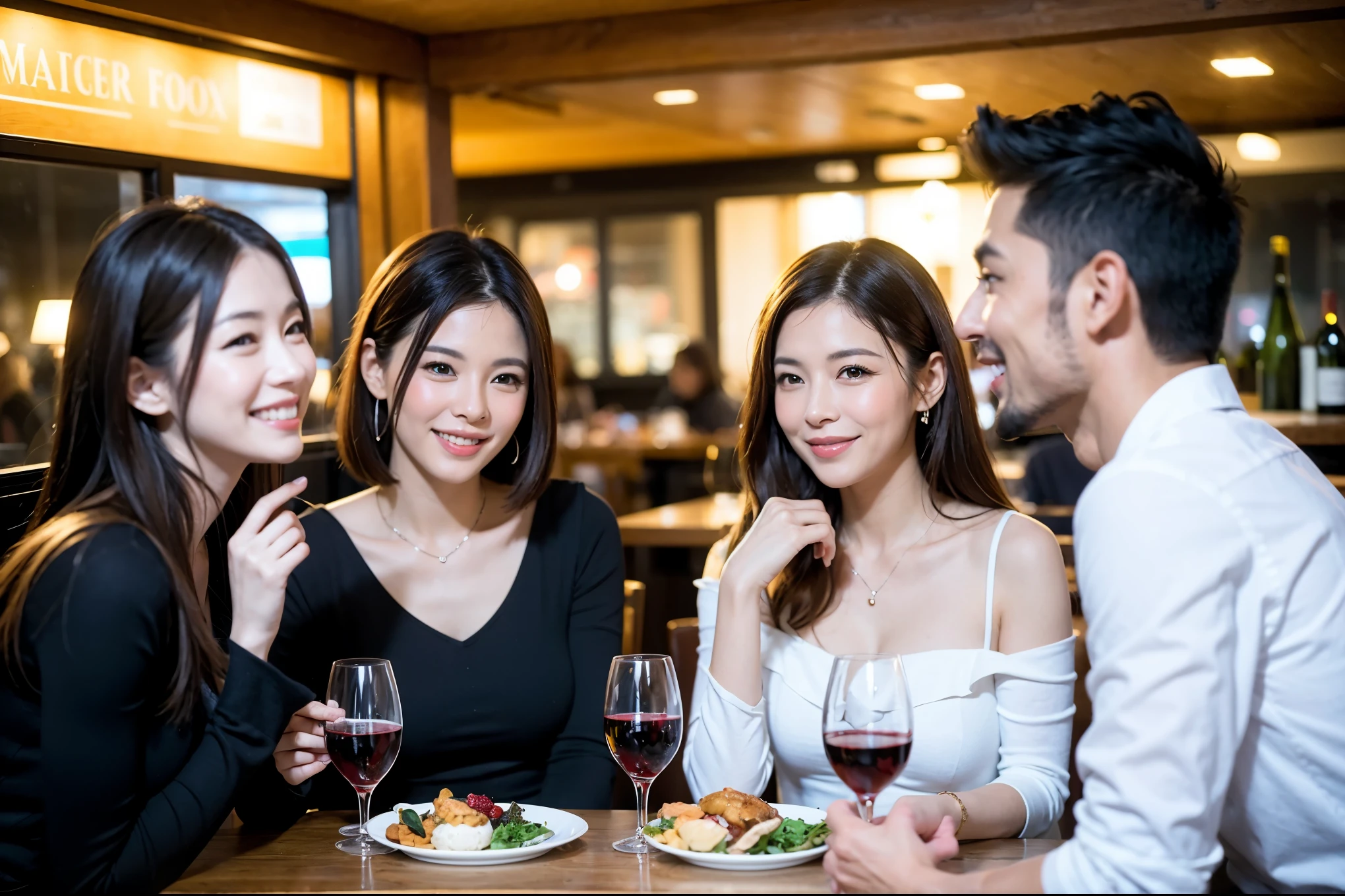 64k, UHD, highest quality, masterpiece: 1.2), (realistic, photorealistic: 1.37), Super detailed, celebration party、beauty、attractive、beautiful mature woman、3 women who love wine、three men、champagne、Sparkling wine、winter night、restaurantでワイン宴会、(slimな男女4名),(Wine party for 5 people)、(slimフェイス),Happy、 最高なsmile、Fox Face、Raccoon face、Berry Short、(because I'thin), (brown hair), (shortcut), long sleeve shirt、winter fashion、Colombia、Brazilian、Japanese、Dutch、German、Portuguese、Belgian、Italian、french, (gushing), (slimボティ), (brown hair), (shortcut), 端正なbeauty、cheeks blush a little, (41 years old), 38 years old, 35 years old、32 years old、 43 years old、A beautiful and detailed night view spreads out outside the window......, restaurant, wine glassが座っている, At night, in a prominent place (from the Upper body) nova frog style, actress, model, Upper body, White wine, slim, wine glass, Very beautiful night view, wine glass Put in the Middle, Happy smile, (smile: 1.15),