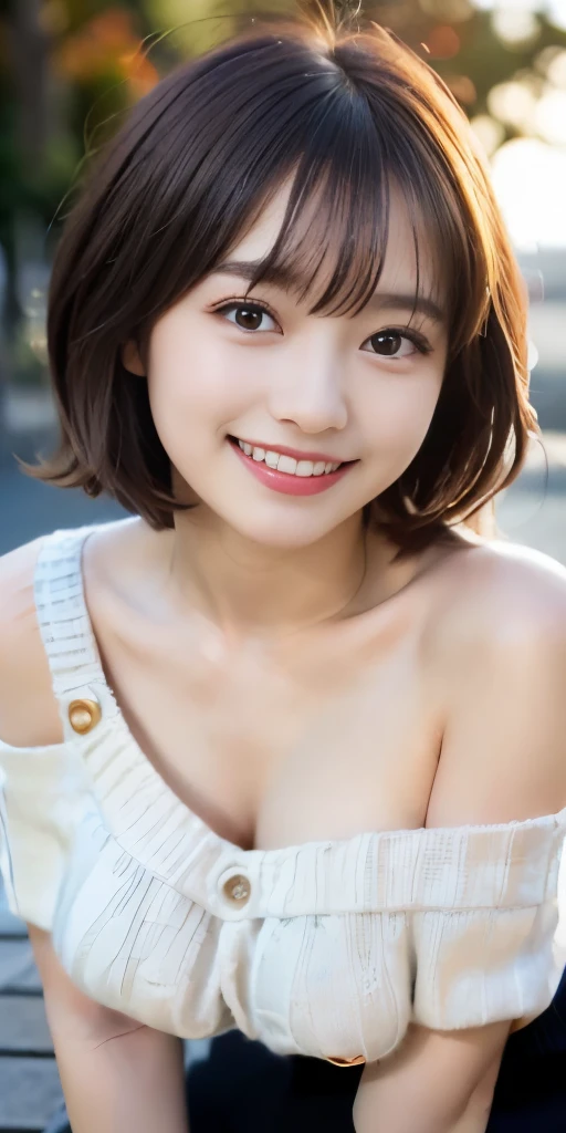 table top, highest quality, 
super detailed, finely, High resolution, In 8K,
((Photoreal:1.4, Raw photo, Super high resolution,best image quality: 1.4)),
wallpaper, 
((Perfect whole body composition 1.5)), 
beautiful and fine eyes, natural color lip,
((穏やかなsmile:1.5)),
((random cute hairstyles)), 
((pretty big breasts:1.2)),
((from the front:1.5)),
((brain out、under the eyes、brain out、mole on arm:0.9)),
((random blurred background)),((sunset)),((autumn leaves)),
((Random and cute expressions)),, 
Highly detailed and professional lighting、
perfect dynamic composition, beautiful and fine eyes,((leaning forward)), ((off shoulder knit sweater:1.6)),((micro mini skirt:1,5)),((smile,Harajuku)),((sexy shot looking at camera))