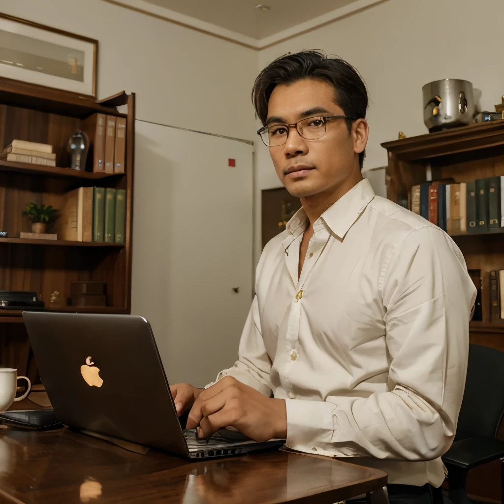 A handsome asia man 'sitting in a luxurious classic office' and in the background is a desk full of books 'and antiques' and in front of him on the desk is an Apple laptop 'and a cup of hot tea' and an Myanmar flag 'and a metal plate on the desk with the name "Mr.Ekarit" written on it, illuminated' and the wall colors are classic 'and lights'  Suitable for 8K cinema quality images