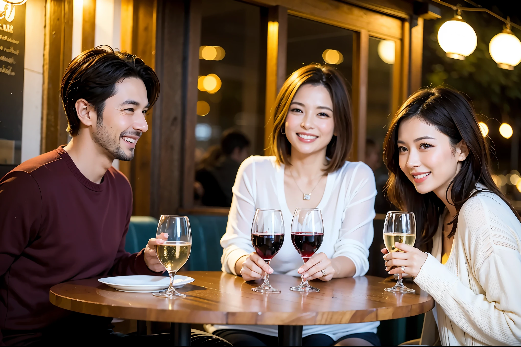64k, UHD, highest quality, masterpiece: 1.2), (realistic, photorealistic: 1.37), Super detailed, celebration party、beauty、charming、beautiful mature woman、3 women who love wine、three men、champagne、Sparkling wine、winter night、restaurantでワイン宴会、(slimな男女4名),(Wine party for 5 people)、(slimフェイス),Happy、 最高なsmile、Fox Face、Berry Short、(because I'thin), (brown hair), (shortcut), long sleeve shirt、winter fashion、Japanese、Dutch、German、Portuguese、Belgian、Italian、french, (gushing), (slimボティ), (brown hair), (shortcut), 端正なbeauty、cheeks blush a little, (34 years old), 38 years old,32 years old、40 years old、29yo、 A beautiful and detailed night view spreads out outside the window....., restaurant, wine glassが座っている, At night, in a prominent place (from the Upper body) nova frog style, actress, model, Upper body, White wine, slim, wine glass, Very beautiful night view, wine glass Put in the Middle, Happy smile, (smile: 1.15),