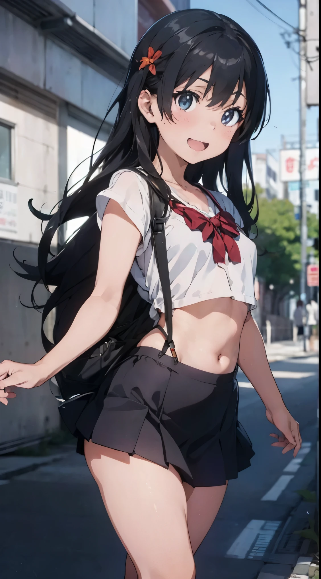 Yuki Mikan、Colossal tits、angry looking face　School rooftop、with floral pattern　Pink Panties、Whitecheck　Green pleated skirt、Black lace　Polka Dot Bra、Black lace stockings、Brown loafers、A slender、is standing、Armpit、Navel Ejection