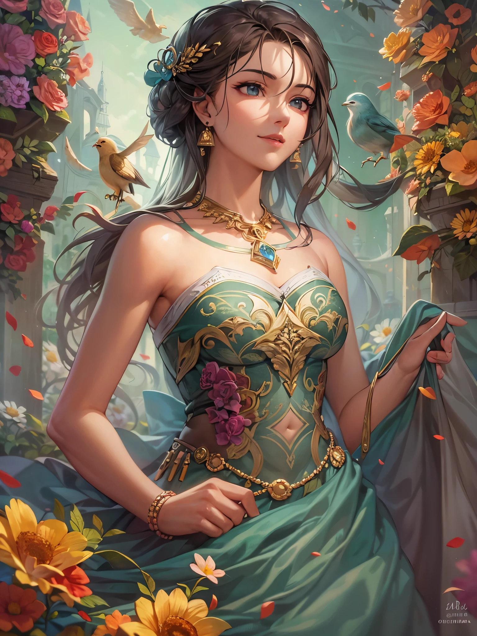 ((highest quality)),(ultra high resolution),(Super detailed),(detailed description),((best CG)),(best work of art),super precision art,great drawing art,(Fantasy art with precise details:1.5), (1 woman:1.6),(beautiful and well-shaped face:1.5),smile:1.7,(A dress with extremely detailed and detailed flowers.:1.6,Circular skirt:1.3),accessories:1.5, Warm sunshine,breeze,birdie,Small animals
