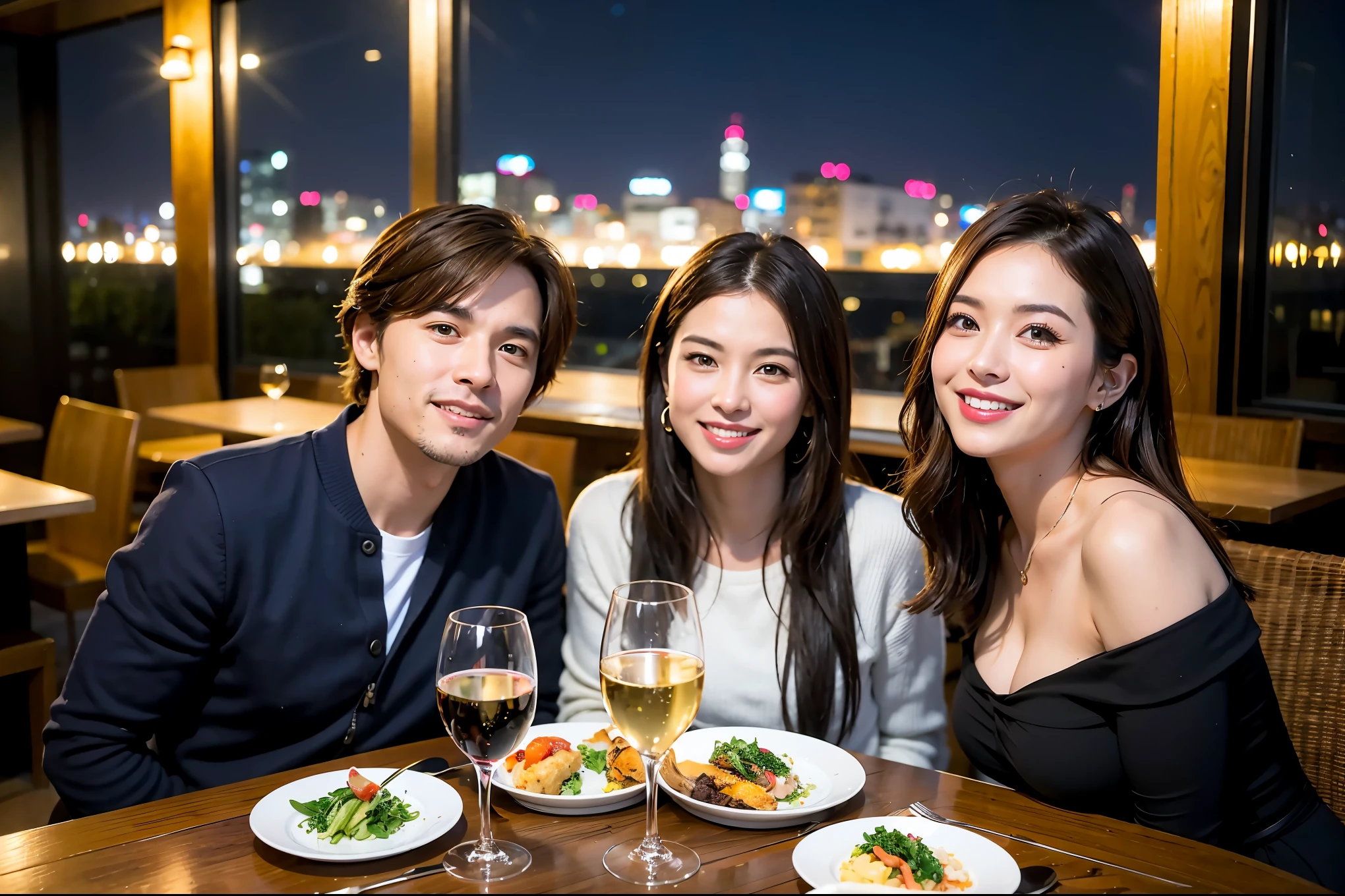 64k, UHD, highest quality, masterpiece: 1.2), (realistic, photorealistic: 1.37), Super detailed, celebration party、beauty、charming、beautiful mature woman、3 women who love wine、three men、champagne、Sparkling wine、winter night、restaurantでワイン宴会、(slimな男女4名),(Wine party for 5 people)、(slimフェイス),Happy、 最高なsmile、Fox Face、Berry Short、(because I&#39;thin), (brown hair), (shortcut), long sleeve shirt、winter fashion、Japanese、Dutch、German、Portuguese、Belgian、Italian、french, (gushing), (slimボティ), (brown hair), (shortcut), 端正なbeauty、cheeks blush a little, (34 years old), 38 years old,32 years old、40 years old、29yo、 A beautiful and detailed night view spreads out outside the window....., restaurant, wine glassが座っている, At night, in a prominent place (from the Upper body) nova frog style, actress, model, Upper body, White wine, slim, wine glass, Very beautiful night view, wine glass Put in the Middle, Happy smile, (smile: 1.15), 