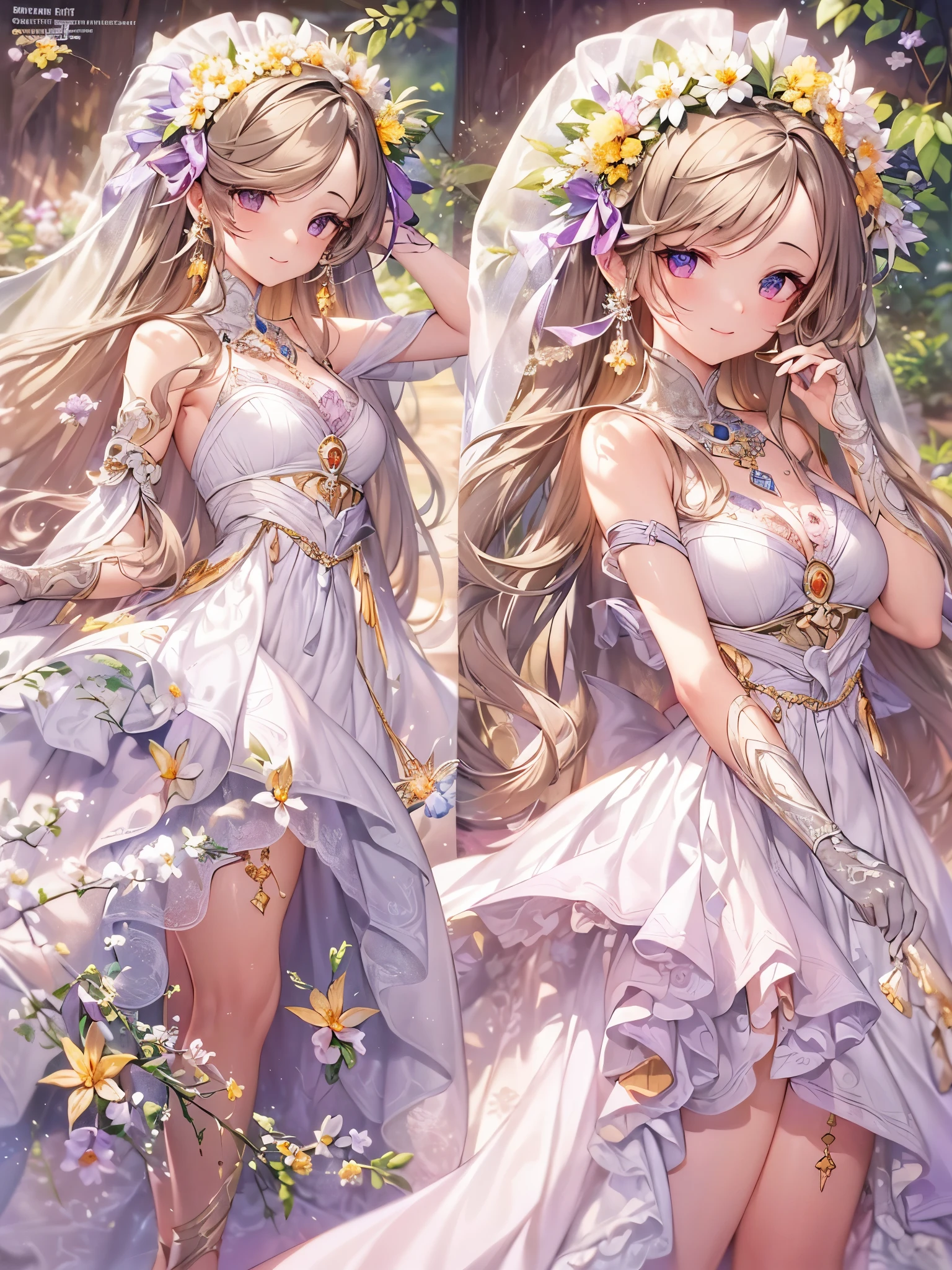 ((highest quality)),(ultra high resolution),(Super detailed),(detailed description),((best CG)),(best work of art),super precision art,great drawing art,(Fantasy art with precise details:1.5), (1 woman:1.6),(beautiful and well-shaped face:1.5),smile:1.7,(A dress with extremely detailed and detailed flowers.:1.6,Circular skirt:1.3),accessories:1.5, Warm sunshine,breeze,birdie,Small animals