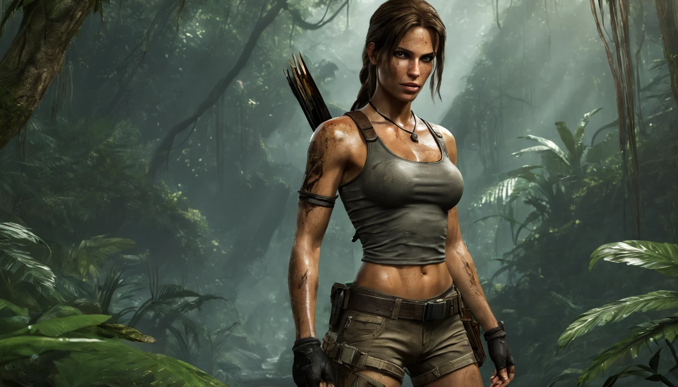 lara croft from tomb raider game, wearing a sexy outfit, in jungle, hot look, (masterpiece, top quality, best quality, official art, beautiful and aesthetic:1.2)