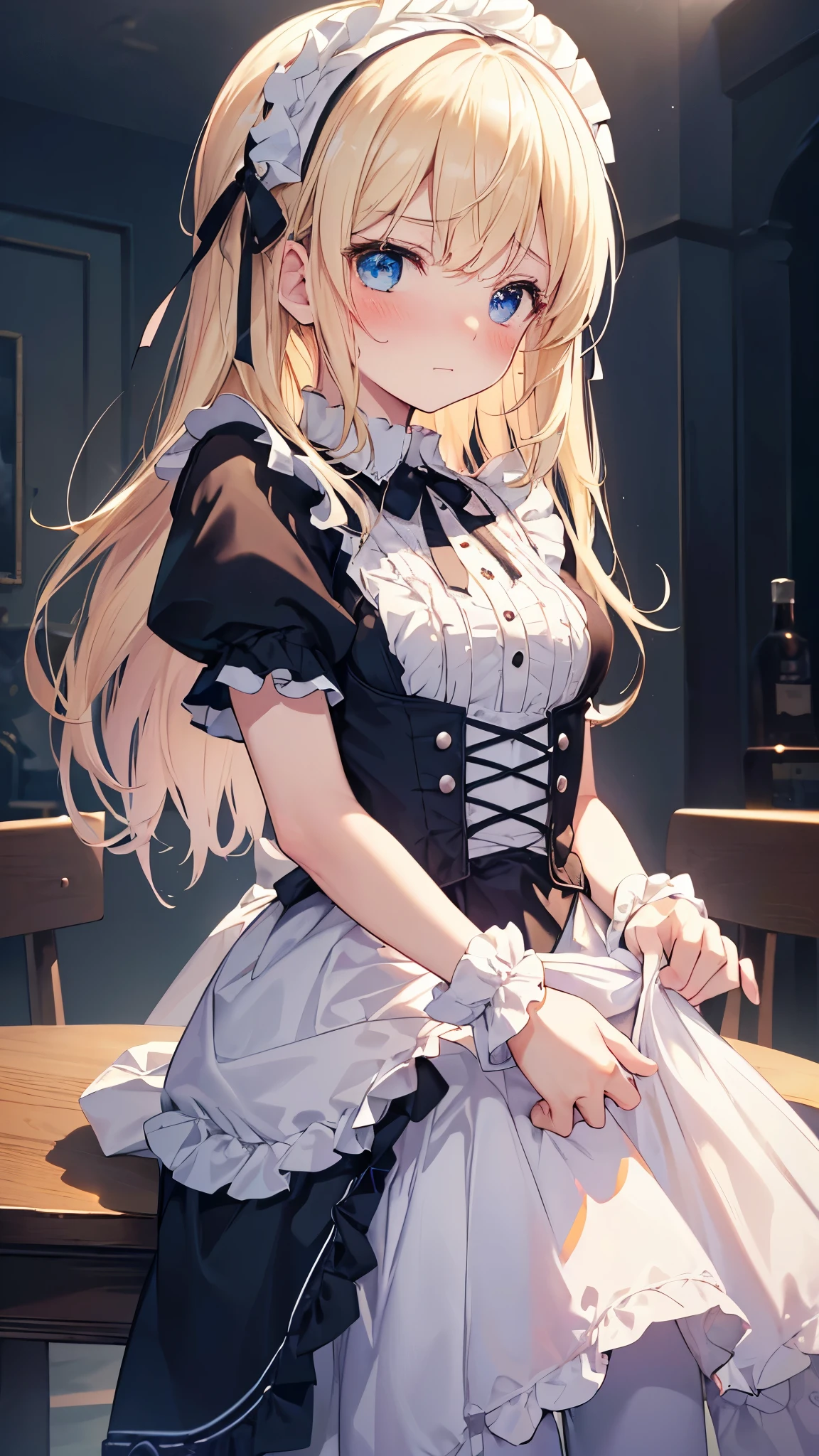 (table top, highest quality:1.2), 8K, 85mm, official art, absurd, Blonde, (blue eyes, ta fashion, sweet loligothic, dress:1.2), idol face, Upper body, beautiful girl, gardeniass, copenhagen, short sleeve, grace, Sophisticated, gardenia, film grain, chromatic aberration, sharp focus, face light, dynamic lighting, cinematic lighting,(( blush、embarrassed look, avert your eyes、look down shyly:1.2))、(((lift up the skirt、I can see white pants、Sujiman、slit)))、