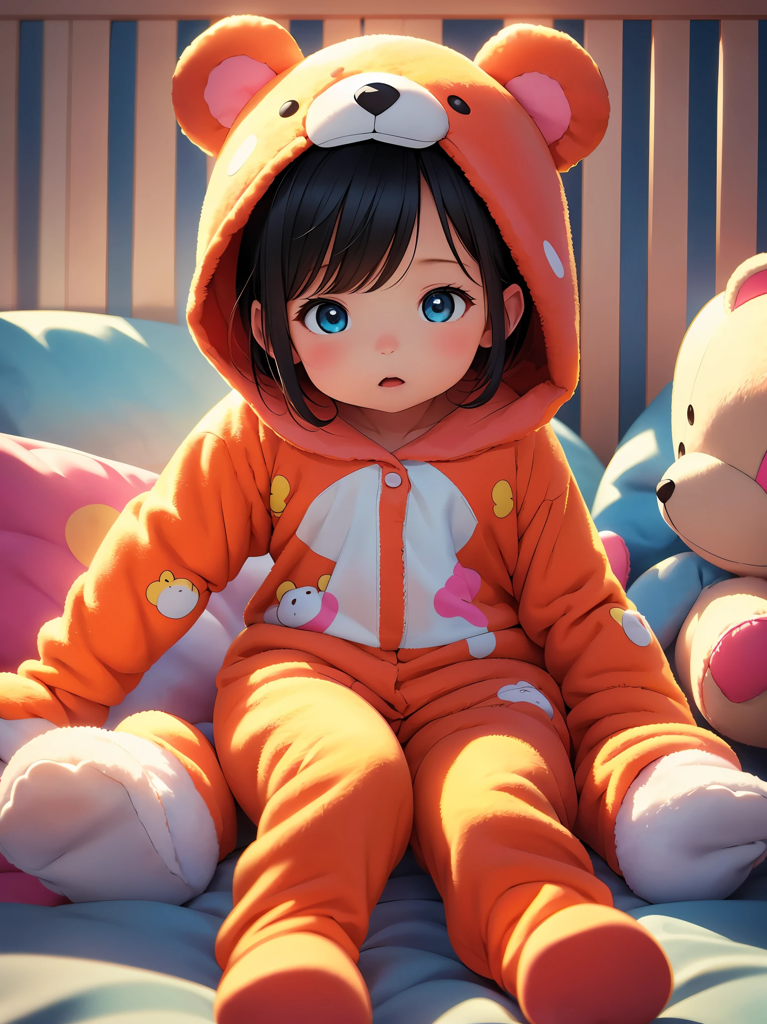 (8K, RAW photo, 最high quality, masterpiece:1.2), High-definition RAW color photo, Professional photo shoot, cinematic light, alone, ((1 , young gireeping in a crib)), (detailed expression), full body shot, (((Bear costume, Costume pajamas)))beautiful skin, shiny skin, perfect fingers, five fingers, anatomically correct, background bokeh, high quality, surreal, bright colors, ((very detailed, photo shoot)),