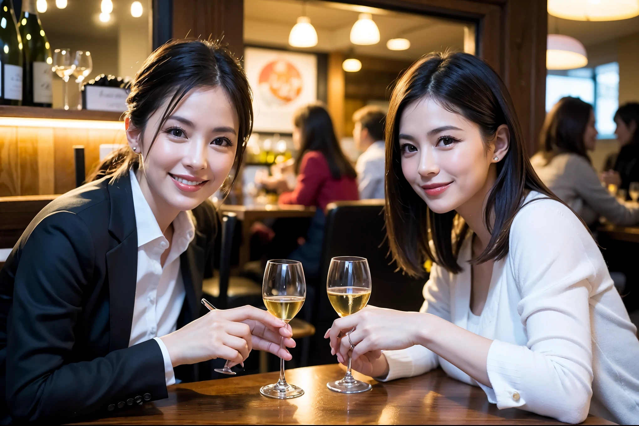64k, UHD, highest quality, masterpiece: 1.2), (realistic, photorealistic: 1.37), Super detailed, celebration party、beauty、charming、beautiful mature woman、3 women who love wine、three men、champagne、Sparkling wine、winter night、restaurantでワイン宴会、(slimな男女4名),(Wine party for 5 people)、(slimフェイス),Happy、 最高なsmile、Fox Face、Raccoon face、Berry Short、(because I'thin), (brown hair), (shortcut), long sleeve shirt、winter fashion、Colombia、Brazilian、Japanese、Dutch、German、Portuguese、Belgian、Italian、french, (gushing), (slimボティ), (brown hair), (shortcut), 端正なbeauty、cheeks blush a little, (41 years old), 38 years old, 35 years old、32 years old、 A beautiful and detailed night view spreads out outside the window......, restaurant, wine glassが座っている, At night, in a prominent place (from the Upper body) nova frog style, actress, model, Upper body, White wine, slim, wine glass, Very beautiful night view, wine glass Put in the Middle, Happy smile, (smile: 1.15),