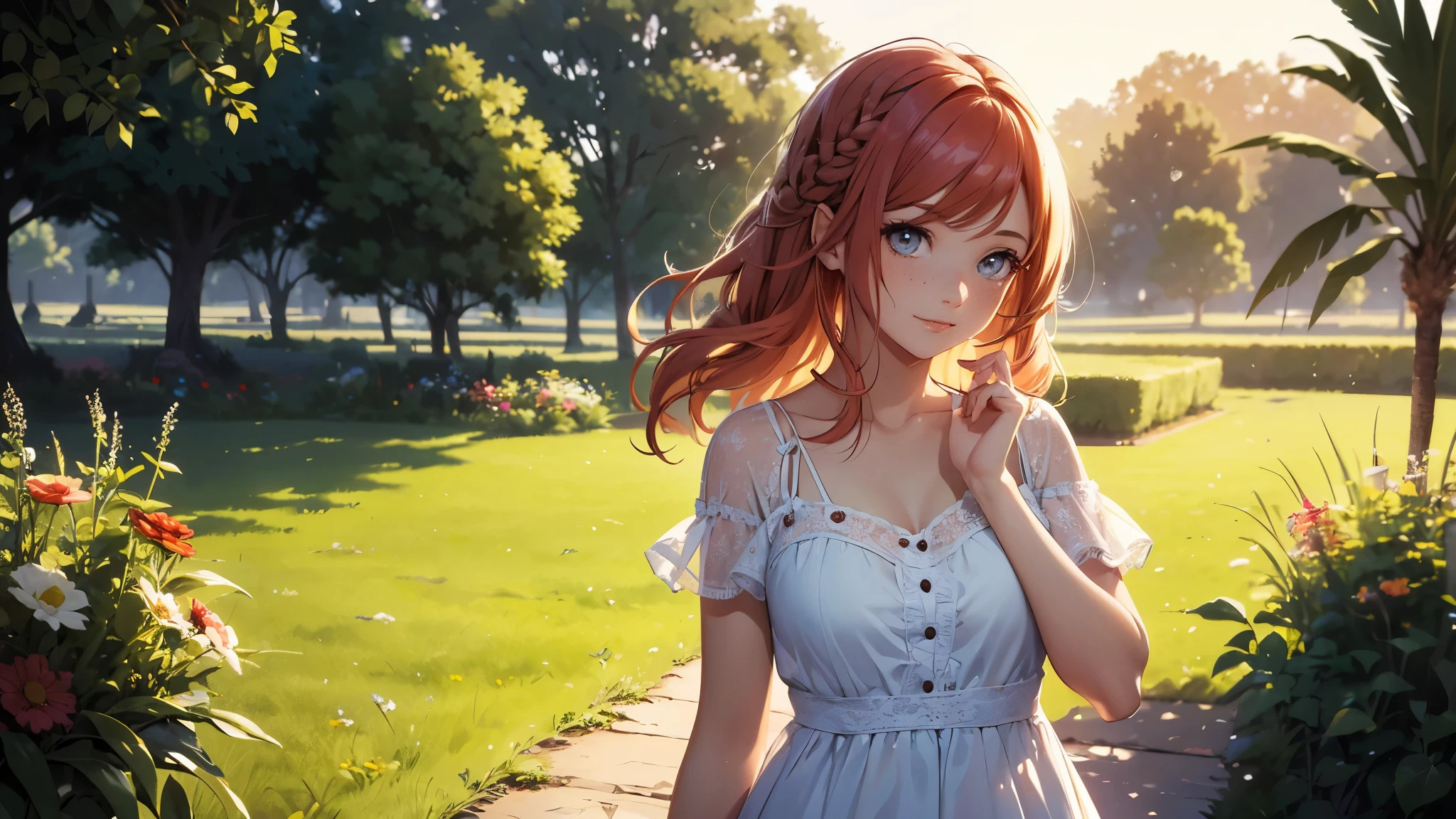 ((masterpiece,best quality,ultra detailed,ultra high res,detailed country yard background)), soft realistic focus, dynamic shadows, realistic image, vibrant colors,light leaks,dreamy atmosphere,chiaroscuro,BREAK
experimental charm, The girl is depicted in full growth, you see the girl from head to toe, nostalgic appeal, country girlfriend, she take you with yourself, simple open short dress, soft mischievous smile, freckles, shiny light red hair, she will take your hand, thick braids, girl dancing for you, music by Ennio Morricone