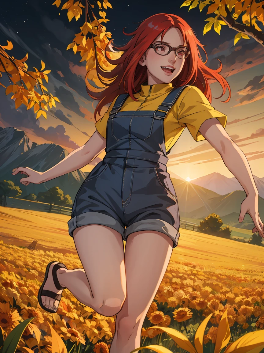 (masterpiece:1.2, best quality:1.2, beautiful, high quality, highres:1.1), detailed, extremely detailed 4K, perfect eyes, perfect face, perfect lighting, (1girl, solo, toddler, short), long red hair, red eyes, glasses, smile, laughing, playing, background, yellow overalls romper, yellow short sleeves, cute, detailed background, full body, cherry field, sandals, cowboy shot, yellow jumper, cute