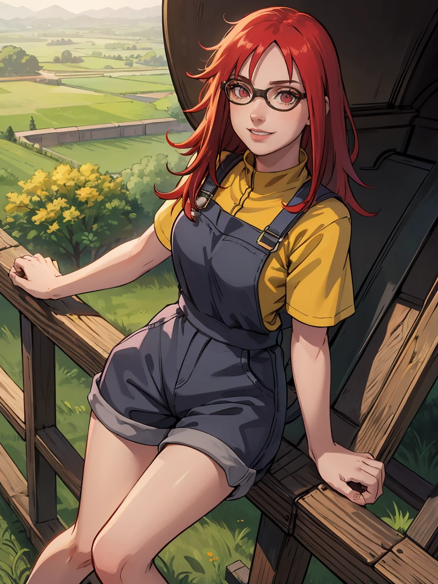 (masterpiece:1.2, best quality:1.2, beautiful, high quality, highres:1.1), detailed, extremely detailed 4K, perfect eyes, perfect face, perfect lighting, (1girl, solo,  toddler, short), long red hair, red eyes, glasses, smile, laughing, playing, background, yellow overalls romper, yellow short sleeves, cute, detailed background, full body, cherry field, sandals, cowboy shot, yellow jumper, cute
