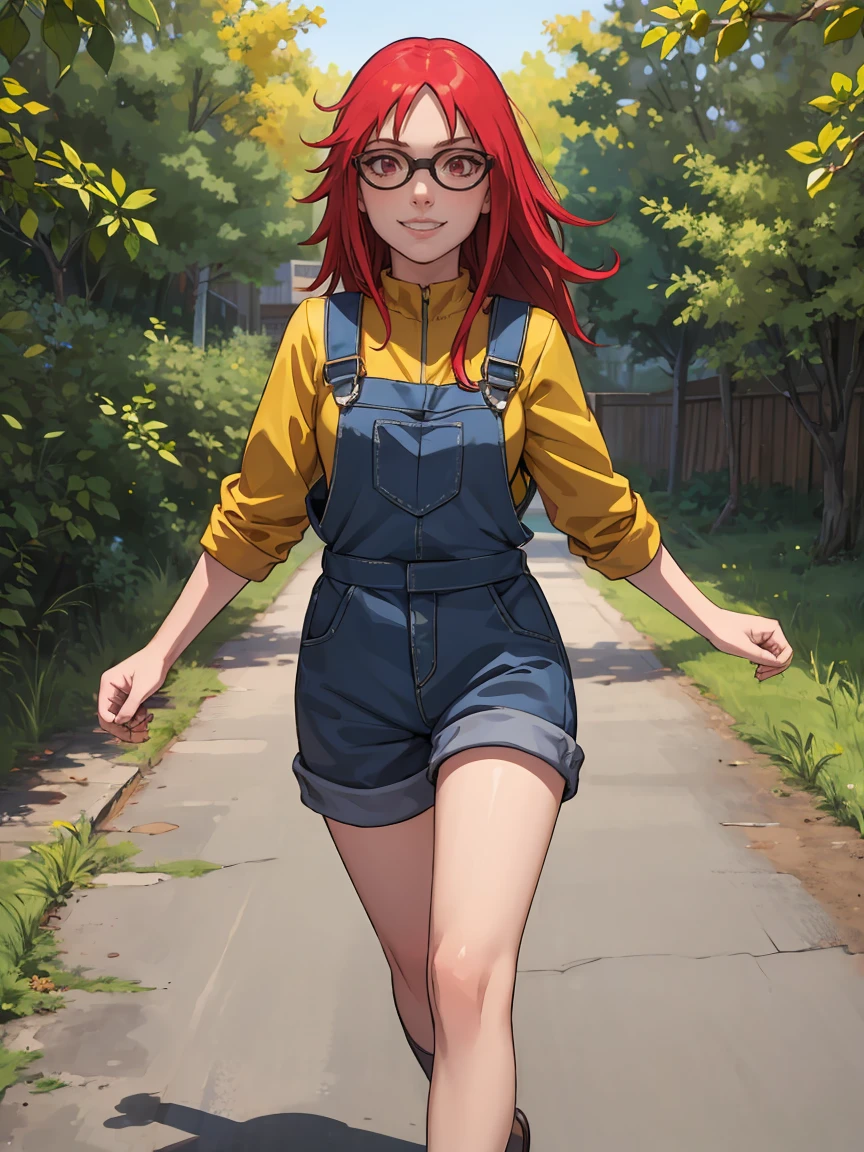 (masterpiece:1.2, best quality:1.2, beautiful, high quality, highres:1.1), detailed, extremely detailed 4K, perfect eyes, perfect face, perfect lighting, (1girl, solo,  toddler, short), long red hair, red eyes, glasses, smile, laughing, playing, background, yellow overalls romper, yellow short sleeves, cute, detailed background, full body, cherry field, sandals, cowboy shot, yellow jumper, cute