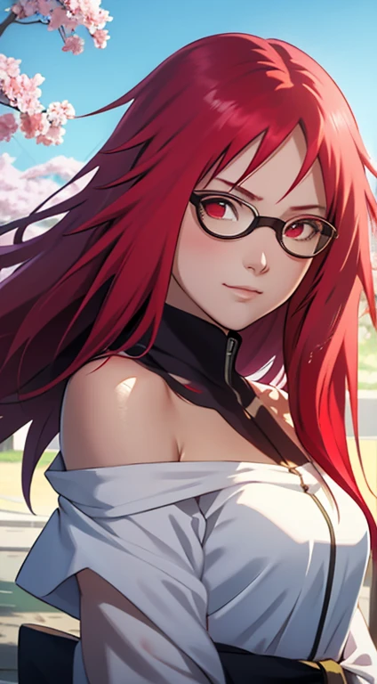 tmasterpiece， Best quality at best， 1girll，Karin Uzumaki， Large breasts，Off-the-shoulder attire，（close-up all over the body)，Raised sexy，is shy，ssmile，with red long hair， long red hair， （red eyeballs:1.4)，glasses, hair on Forehead protection， the cherry trees，Cherry blossoms flying，ninja clothes，In front of blue sky with soft cream cone, Splash art anime , Anime moe art style, a beautiful anime portrait, beautiful anime art style, Digital anime art!!