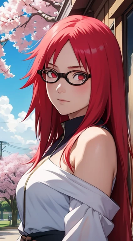 tmasterpiece， Best quality at best， 1girll，Karin Uzumaki， Large breasts，Off-the-shoulder attire，（close-up all over the body)，Raised sexy，is shy，ssmile，with red long hair， long red hair， （red eyeballs:1.4)，glasses, hair on Forehead protection， the cherry trees，Cherry blossoms flying，ninja clothes，In front of blue sky with soft cream cone, Splash art anime , Anime moe art style, a beautiful anime portrait, beautiful anime art style, Digital anime art!!