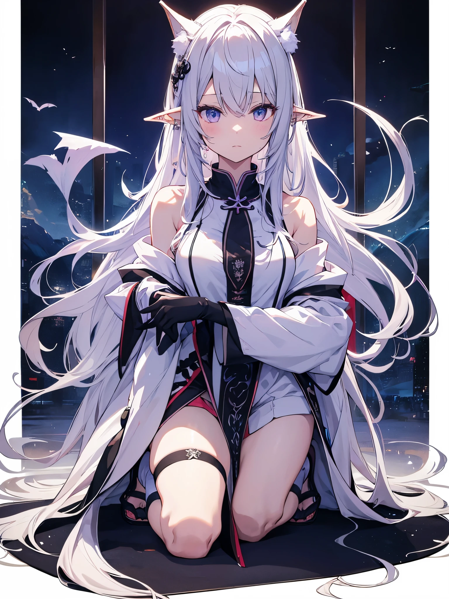 best quality person,master piece,final solution,Fluffy,非常にcolorfulな,colorful,night,暗いnightの背景,long flowing white hair,(dark elf+),kneeling pose,mature woman,Black Pedal Socks,(heel sandals),normal posture,normal posture