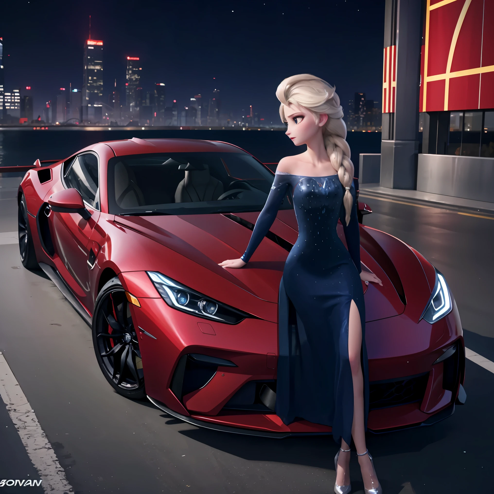 Elsa、beautiful clear expression, Elsa, frozen cityscape, high quality、urban highway night view background、車のボンネットに座るElsa、(red luxury sports car)