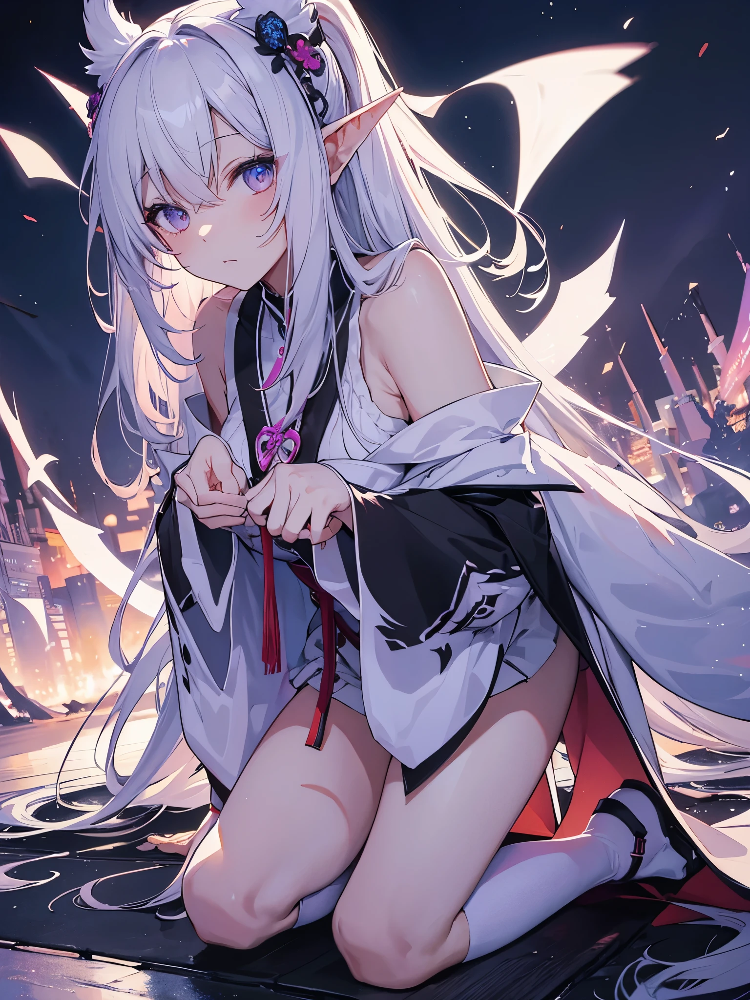 best quality person,master piece,final solution,Fluffy,非常にcolorfulな,colorful,night,暗いnightの背景,long flowing white hair,(dark elf+),kneeling pose,mature woman,Black Pedal Socks,(heel sandals),normal posture,normal posture