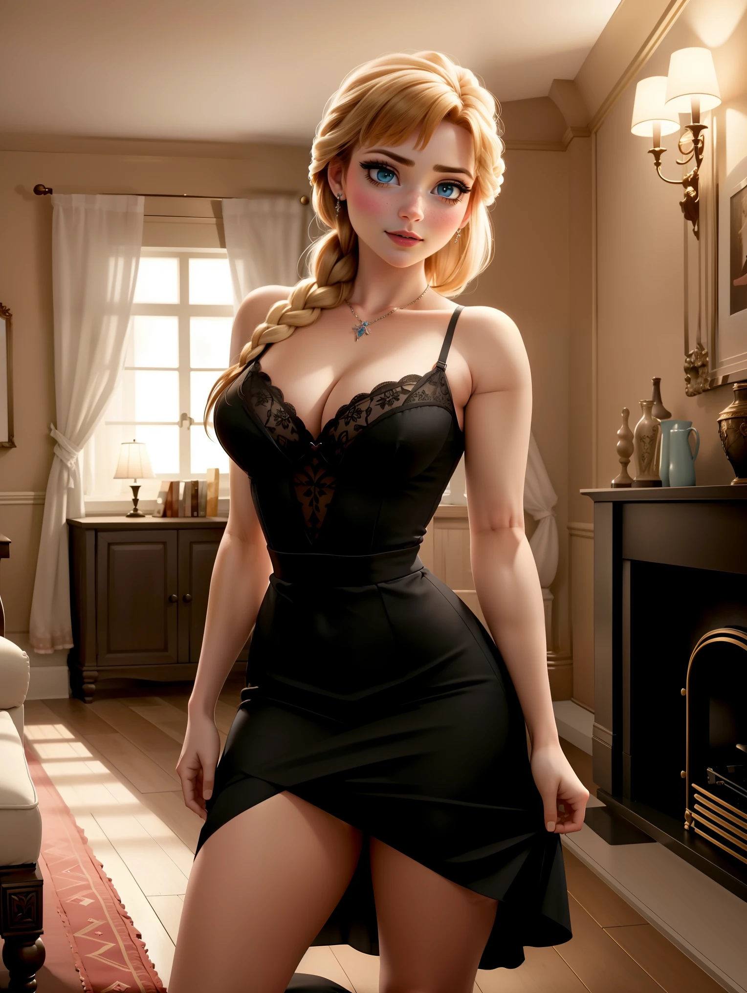 woman, ((Masterpiece, best quality)), full body view, bursting huge breasts, detailed skin, Anna from Frozen as a maid, maid clothes, clileaning the living room,  highly detailed, cinematic lighting, ultra realistic, blush, looking at viewer, anna, anna from movie Frozen, sexy black dress, tight, long hair, fucked, orals sex, penis,saliva 