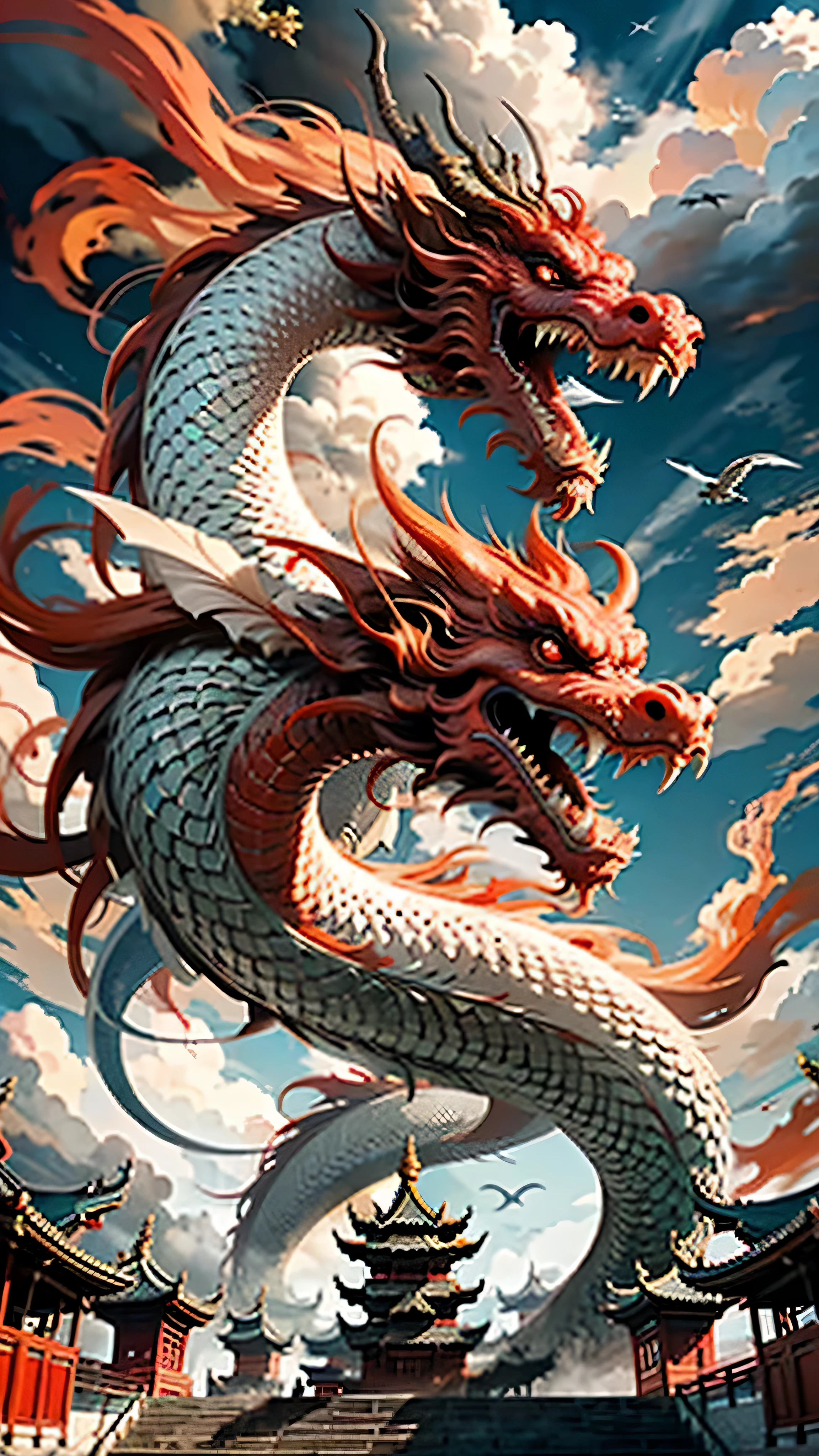 best quality,masterpiece,ultra high resolution,nu no humans, (long:1.2),no humans, cloud, architecture, east asian architecture, red eyes, trumpet, open mouth, Sky, fangs, Oriental Dragon, cloudy Sky, teeth, flight, fire, bird, wing