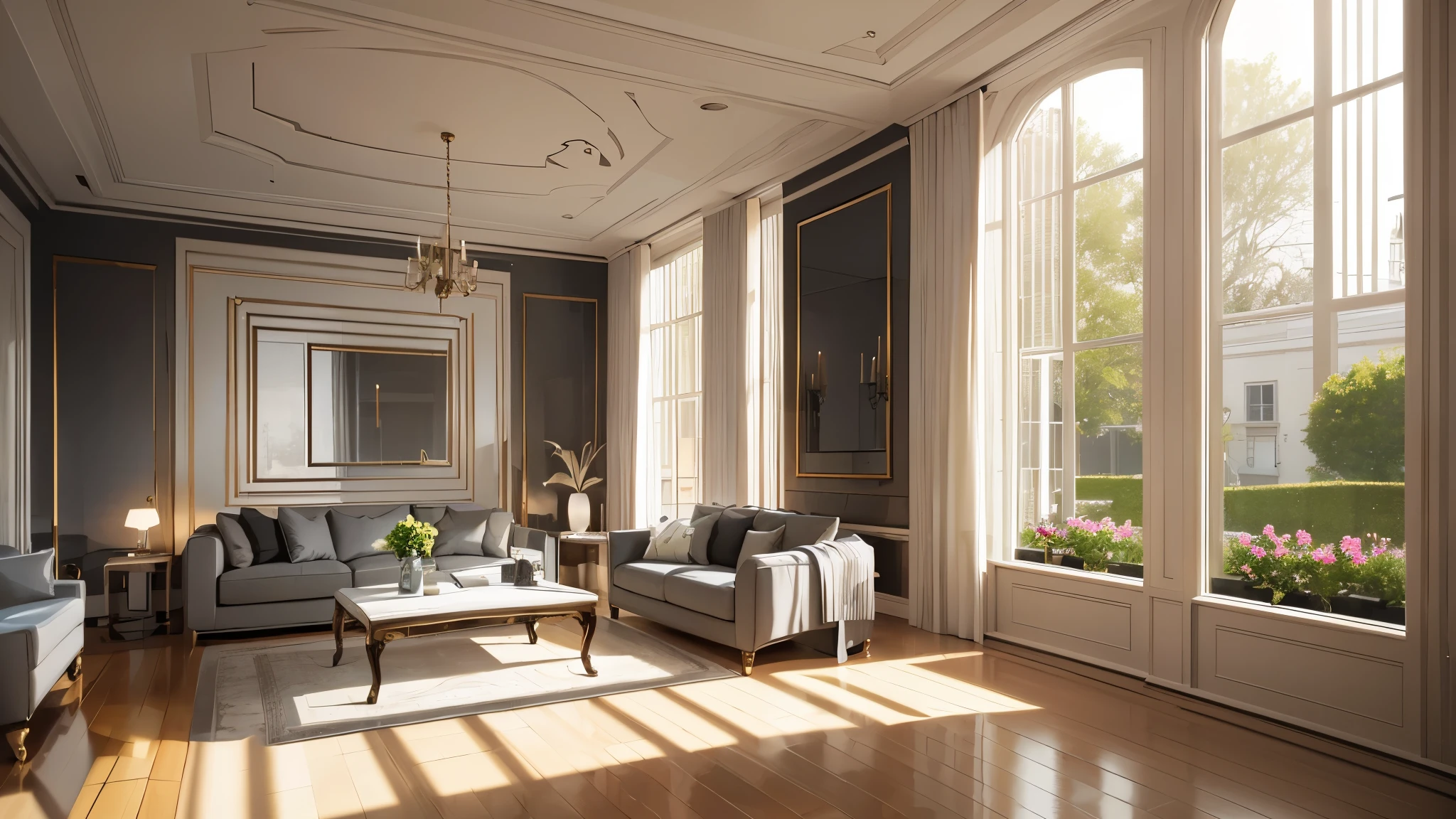 You are a famous interior designer、You have been asked to create a 3D image of a modern large room. Create a harmonious environment with modern and minimalist furniture. Including garden interior.