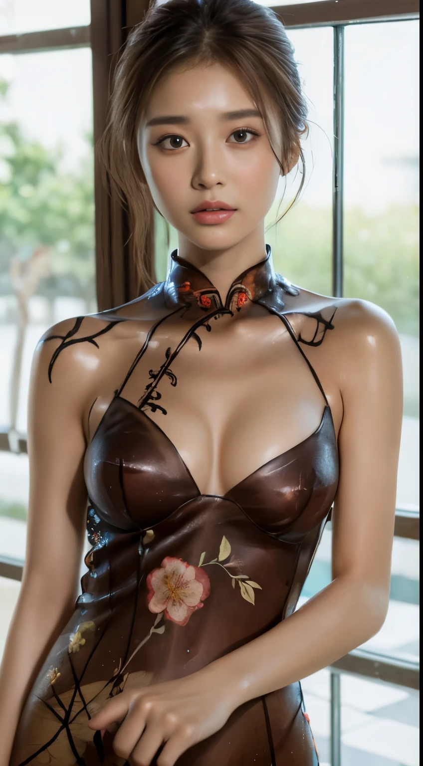 ((realistic lighting, highest quality, 8K, masterpiece: 1.3)), clear focus: 1.2, 1 girl, perfect body beauty: 1.4, slim abs: 1.1, ((dark brown hair, big breasts: 1.3)), (Finished with body paint,translucent floral cheongsam dress: 1.4), (Home, night: 1.1),Body Paint Dresses, whole body, long legs, window glass, super fine face, fine eyes, double eyelid