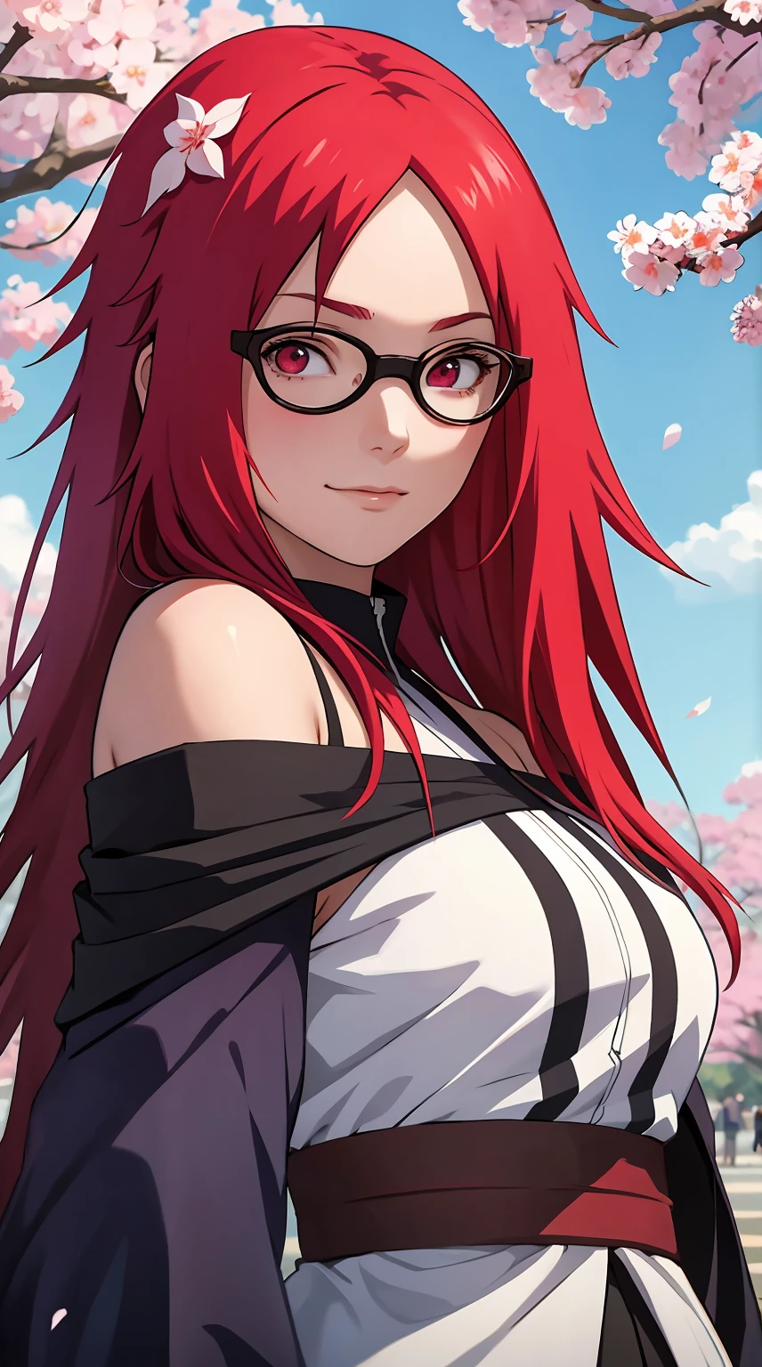 tmasterpiece， Best quality at best， 1girll，Karin Uzumaki， Large breasts，Off-the-shoulder attire，（close-up all over the body)，Raised sexy，is shy，ssmile，with red long hair， long red hair， （red eyeballs:1.4)，glasses, hair on Forehead protection， the cherry trees，Cherry blossoms flying，ninja clothes，In front of blue sky with soft cream cone, Splash art anime , Anime moe art style, a beautiful anime portrait, beautiful anime art style, Digital anime art!!