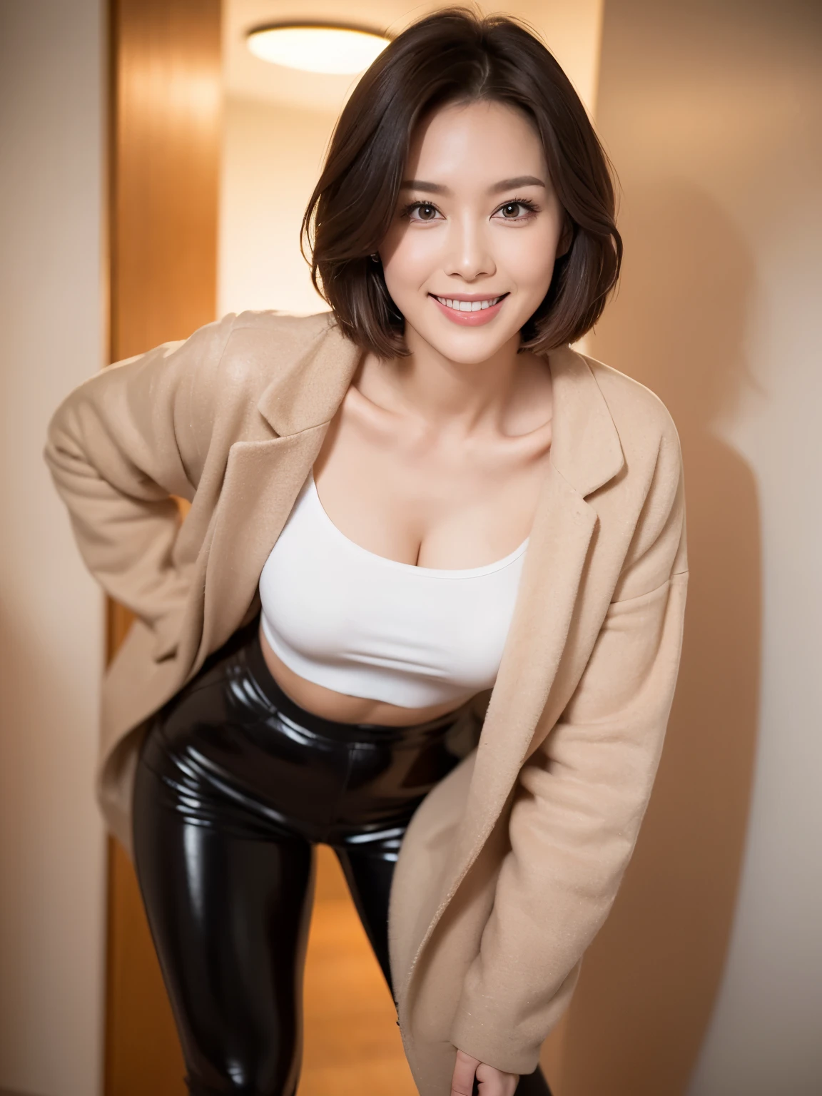 Japanese plump lady,cleavage, pale skin, mega breasts, ((smile)), 20 year old, orange bob cut, Leather-Jacket, Leather-pants, Leather-Long boots, ((spread legs)), clothes lift show off small Leather-bra and small Leather-thong , exasperated:1.8, high quality:1.3, shoot from above 2.0, Professional lighting:2.0 realistic:1.2, 4k resolution, detailed skin, masterpiece:1.1, in a crowded train,