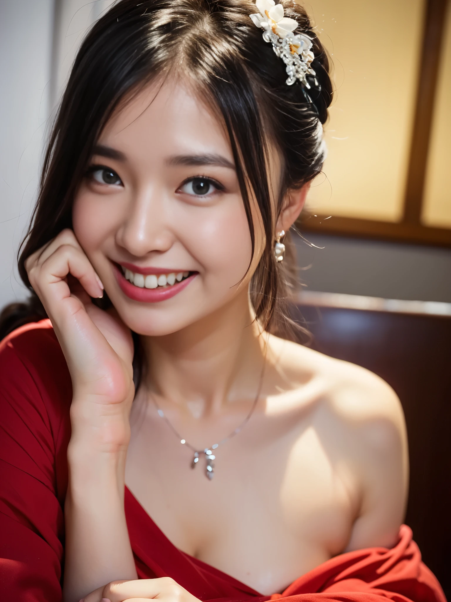 ((The Ultimate Beautiful Japan Married Woman))、mature、beautiful features、eye:1.3), ブラウンeye、detailed lips, 非常に詳細な美しいeye, double eyelid, long eyelashes、(huge breasts), (curve), split lips, beautiful teeth, blush, captivating gaze、enchanting smile, (brunette hair up), (Sexy short silk dress with perfect fit), Futomo, sexy pose, 詳細なWith background, With background: (celebrity mansion)、realisticなWith backgroundとアクセサリー、((cowboy shot))、(Advanced depth of field)、((masterpiece))、((highest quality))、picture、reality、Photoreal、High level image quality、super detailed、realistic lighting, realistic