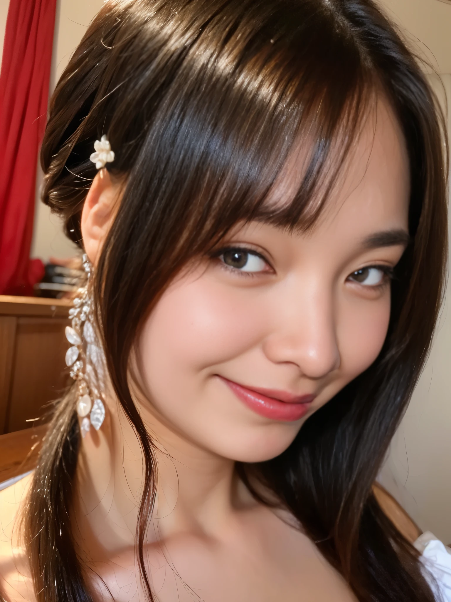 ((The Ultimate Beautiful Japan Married Woman))、mature、beautiful features、eye:1.3), ブラウンeye、detailed lips, 非常に詳細な美しいeye, double eyelid, long eyelashes、(huge breasts), (curve), split lips, beautiful teeth, blush, captivating gaze、enchanting smile, (brunette hair up), (Sexy short silk dress with perfect fit), Futomo, sexy pose, 詳細なWith background, With background: (celebrity mansion)、realisticなWith backgroundとアクセサリー、((cowboy shot))、(Advanced depth of field)、((masterpiece))、((highest quality))、picture、reality、Photoreal、High level image quality、super detailed、realistic lighting, realistic